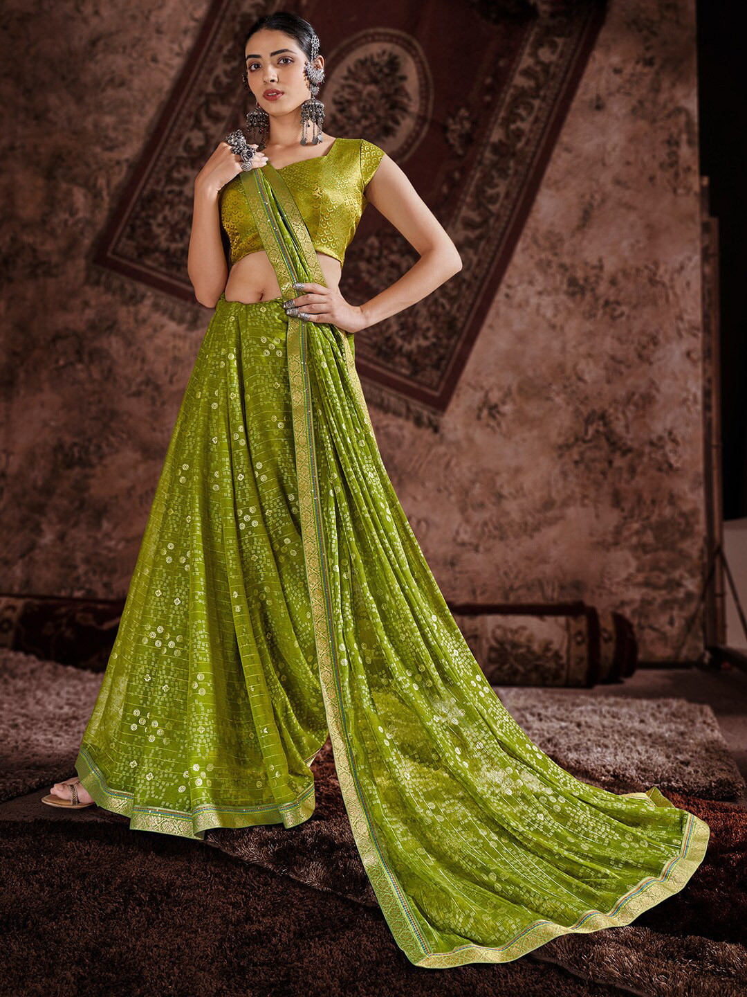 

Shaily Green Zari Pure Chiffon Saree