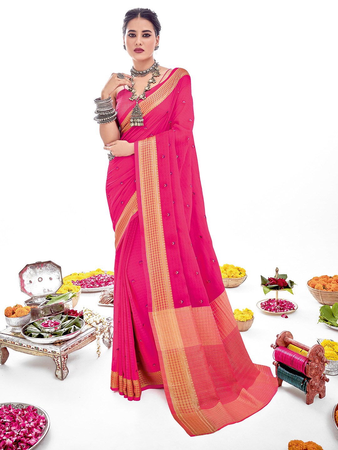 

Shaily Pink & Gold-Toned Ethnic Motifs Zari Silk Cotton Saree