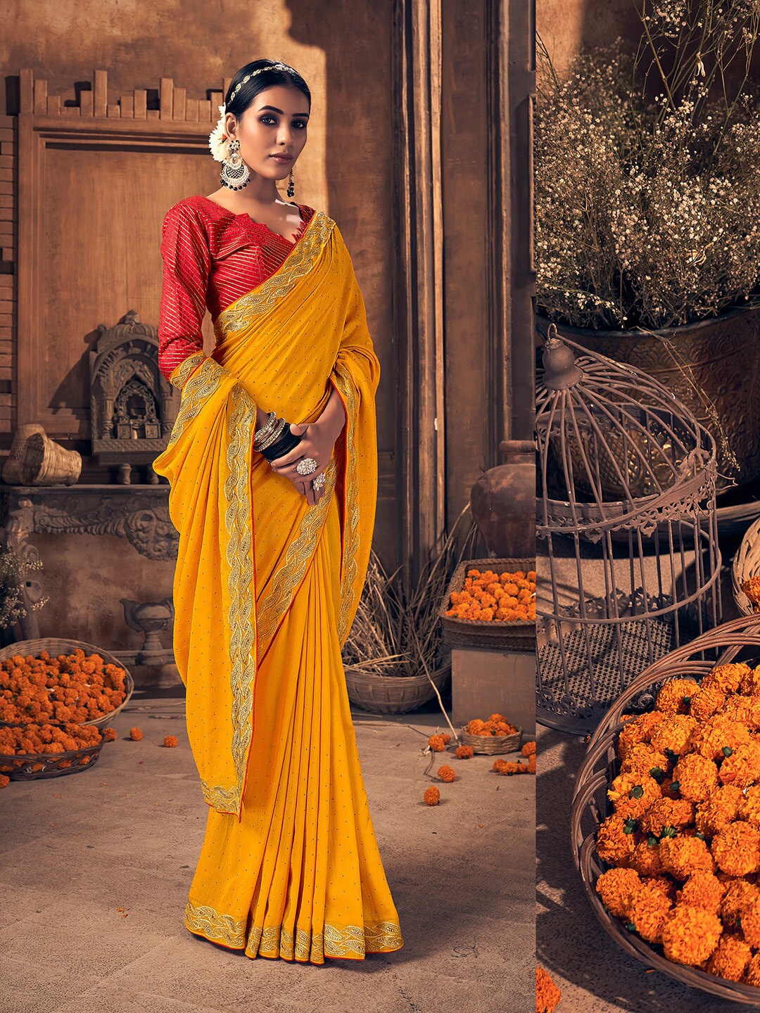 

Shaily Yellow & Gold-Toned Embroidered Saree