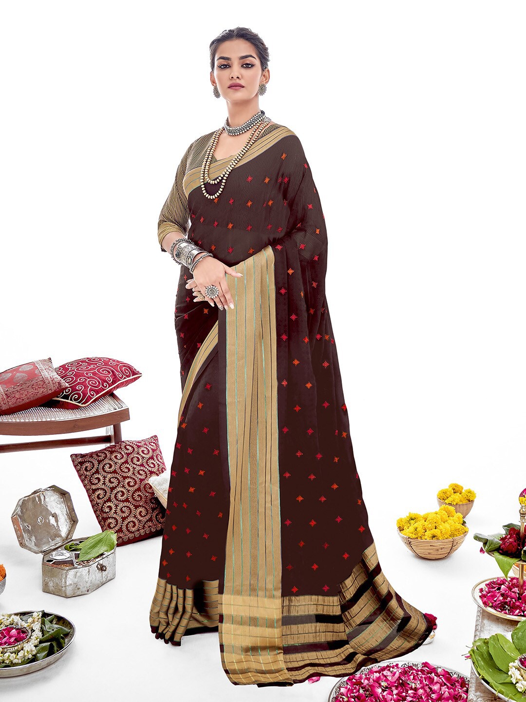 

Shaily Brown & Gold-Toned Floral Zari Silk Cotton Saree