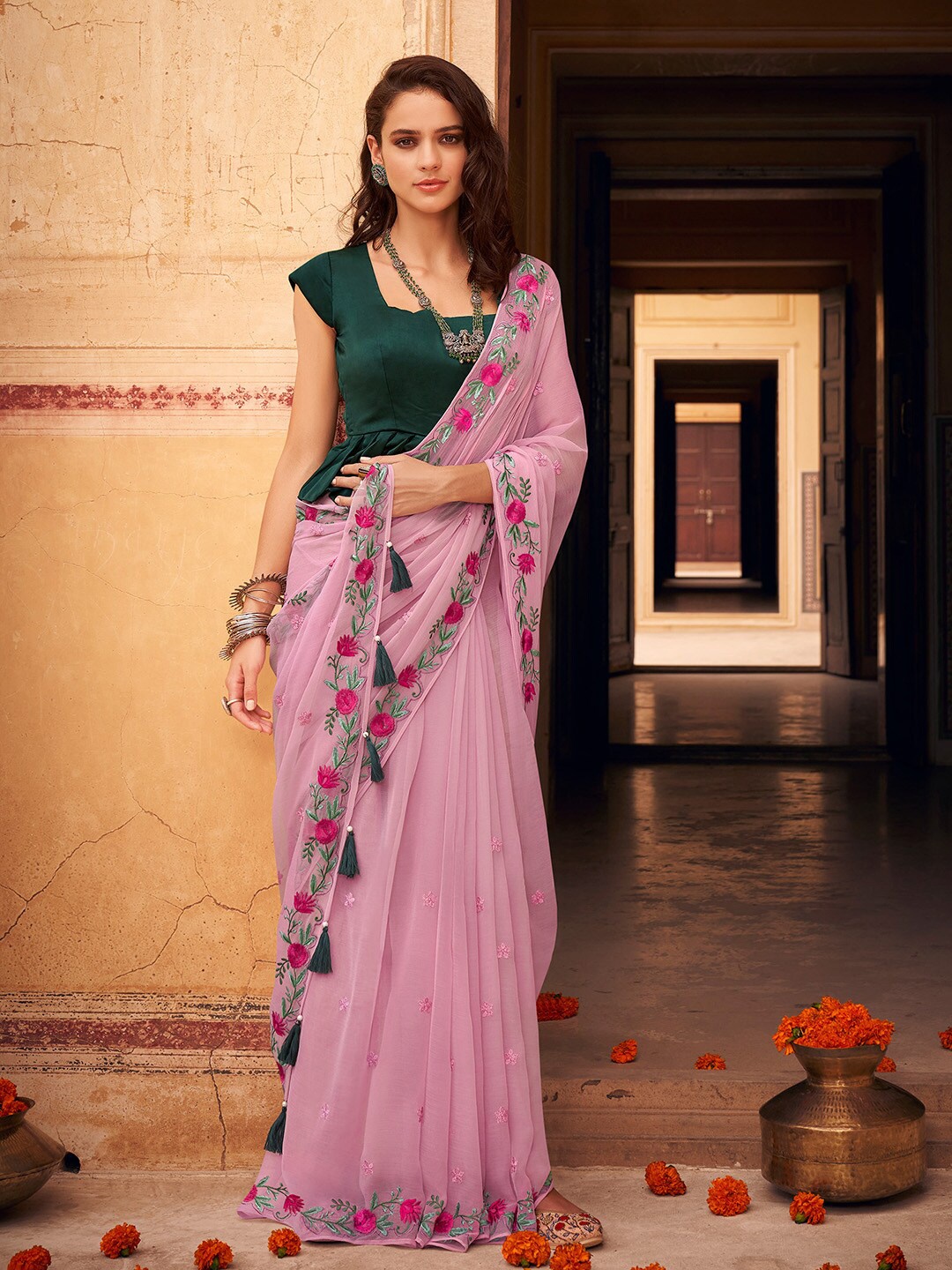 

Shaily Pink & Green Floral Embroidered Pure Chiffon Saree