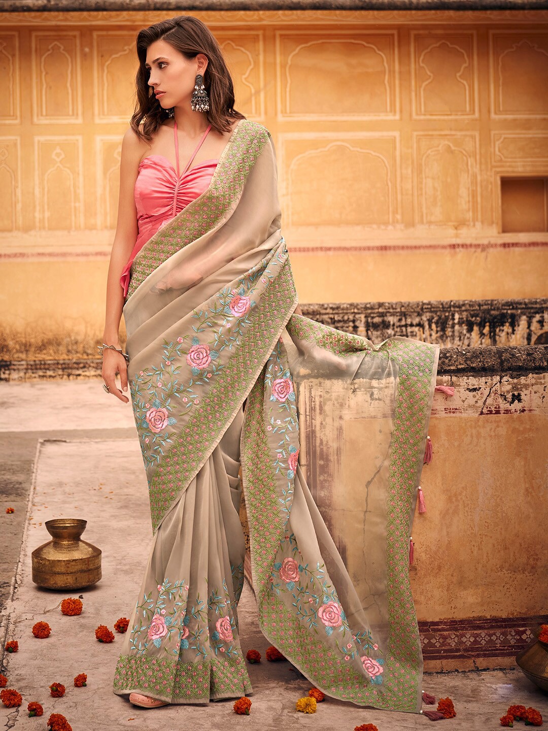 

Shaily Peach-Coloured & Pink Embroidered Pure Chiffon Saree