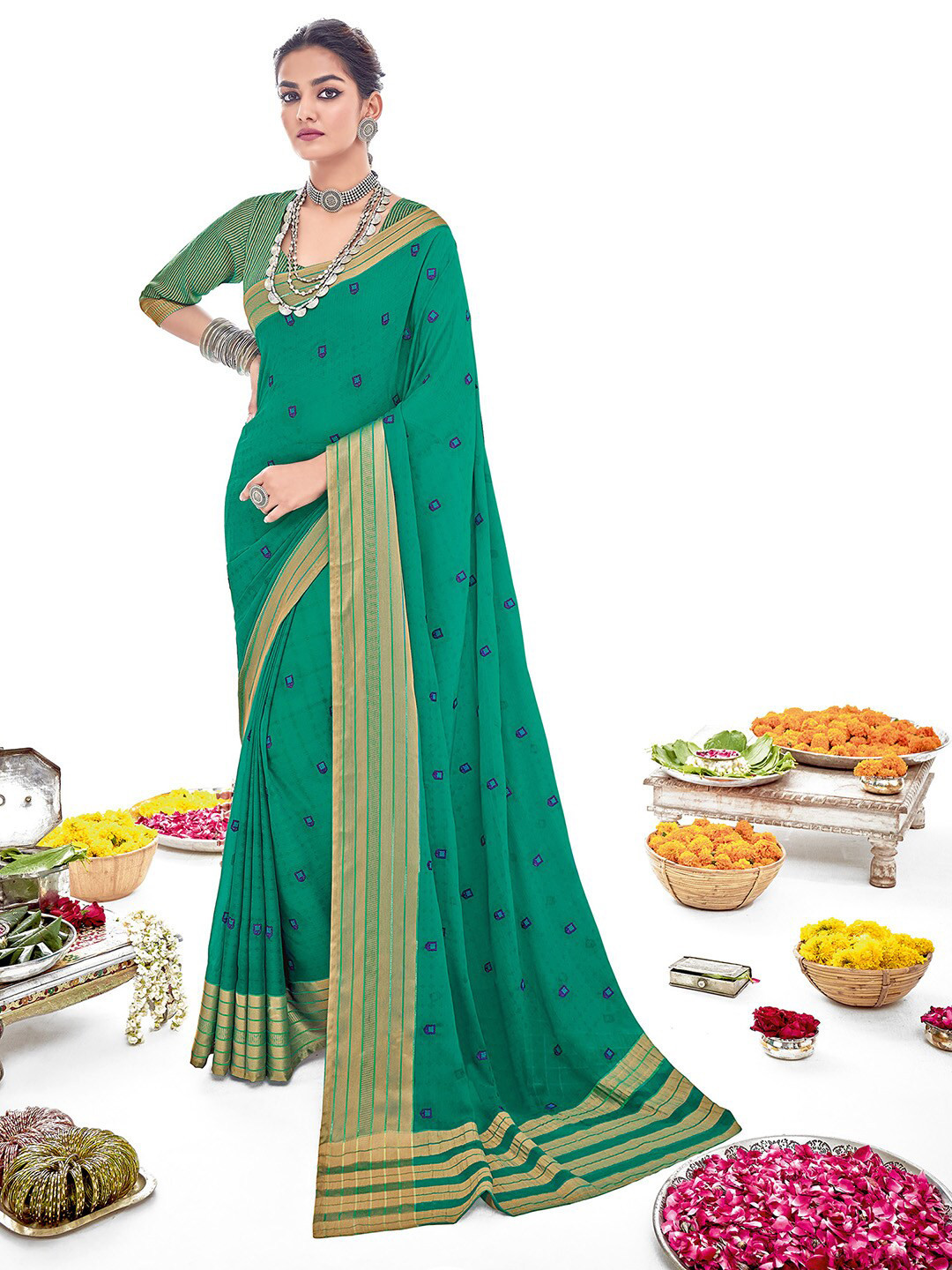 

Shaily Green & Cream-Coloured Floral Zari Silk Cotton Saree