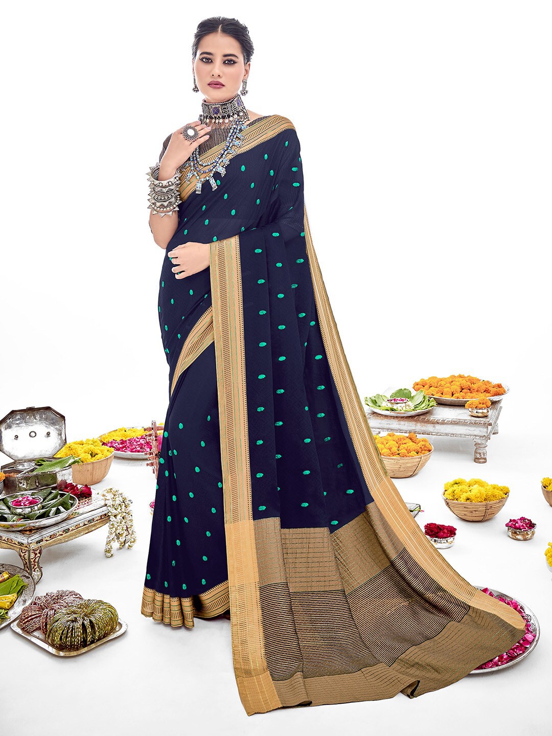 

Shaily Navy Blue & Gold-Toned Ethnic Motifs Zari Silk Cotton Saree