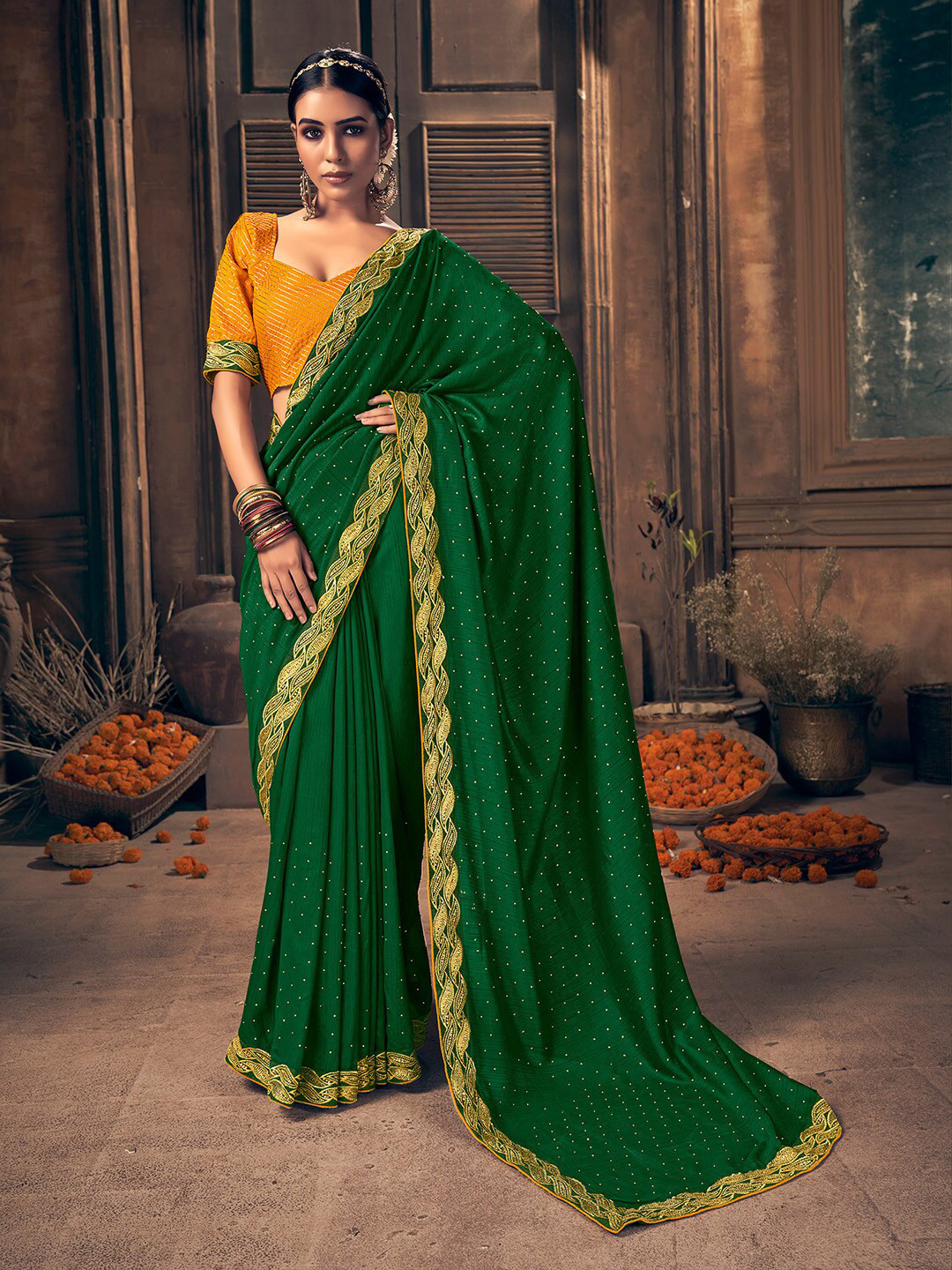 

Shaily Green & Gold-Toned Embellished Mukaish Saree