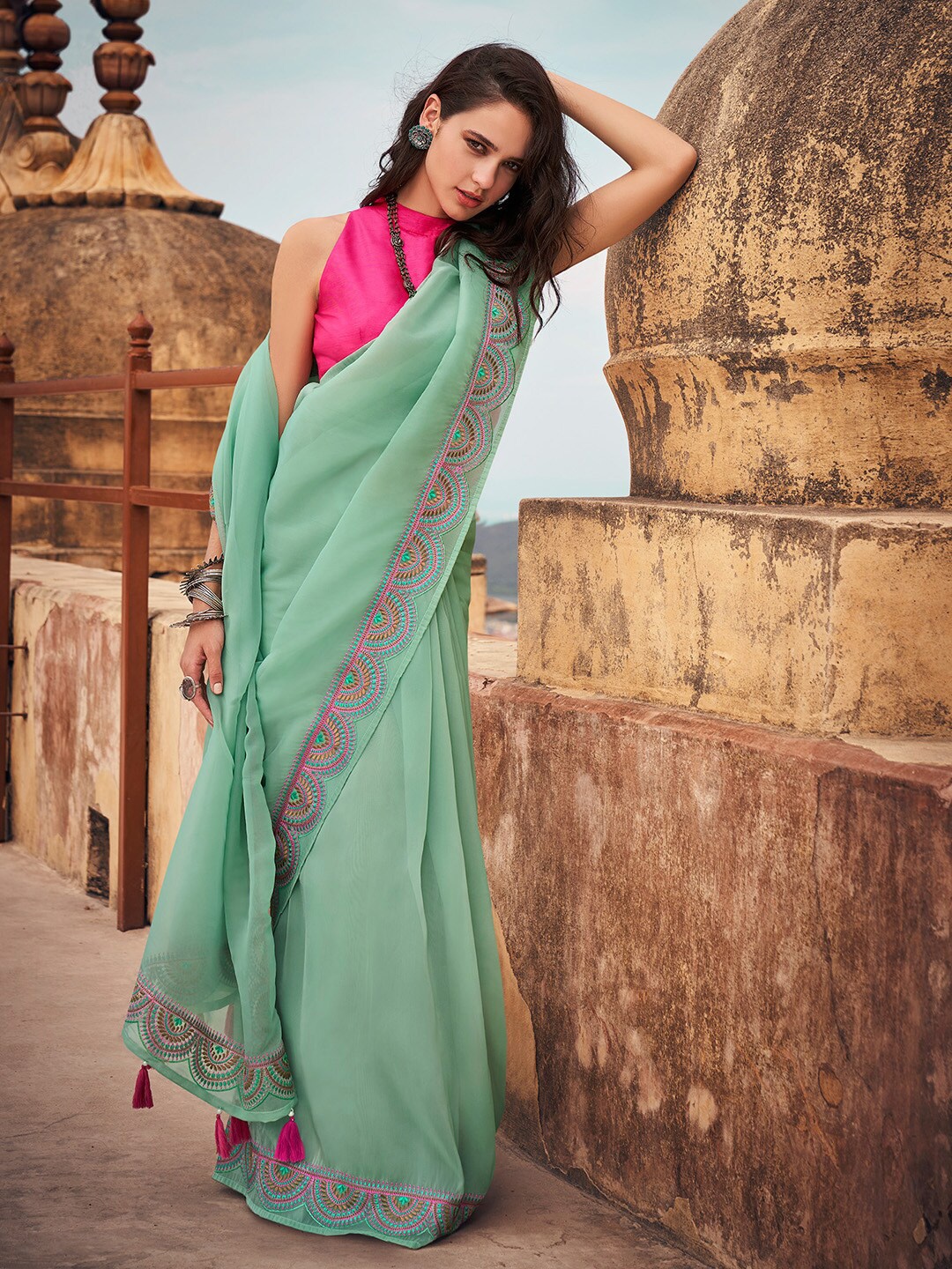 

Shaily Green & Pink Embroidered Pure Chiffon Saree