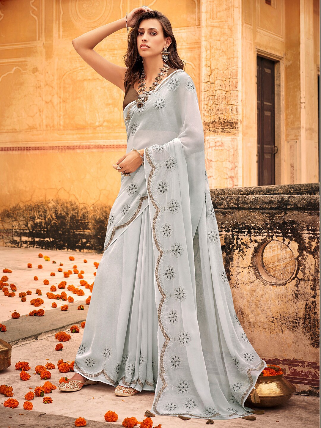 

Shaily Grey Embellished Pure Chiffon Saree