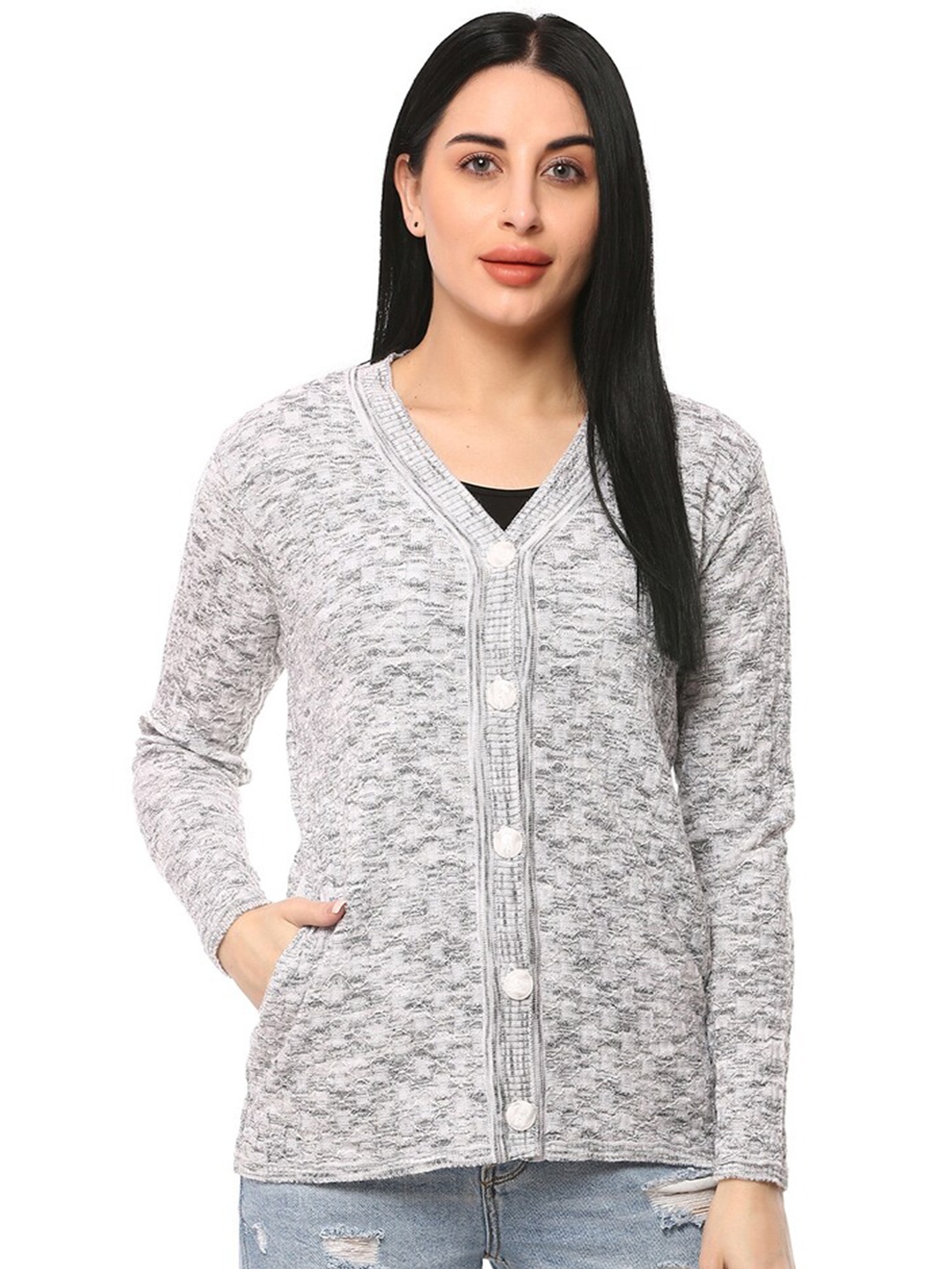 

GLAMAZE Women White & Grey Self Design Acrylic Cardigan