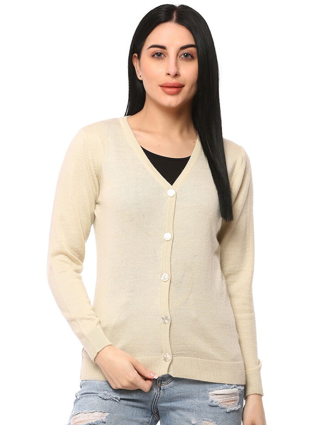 

GLAMAZE Women Beige Acrylic V-Neck Cardigan