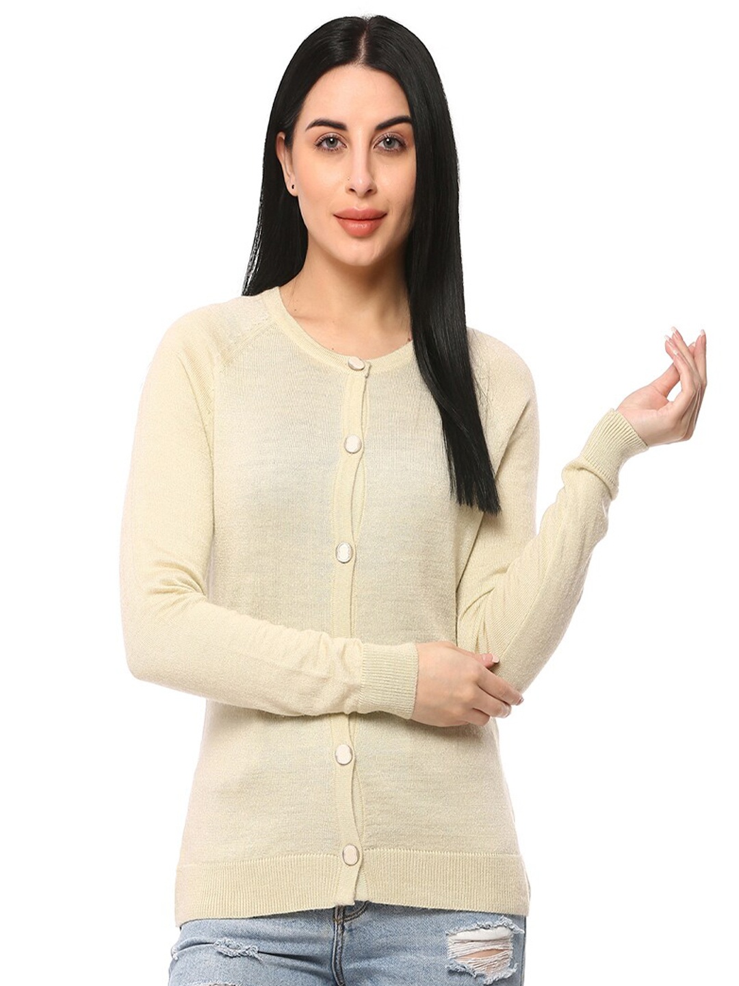 

GLAMAZE Women Beige Acrylic V-Neck Cardigan