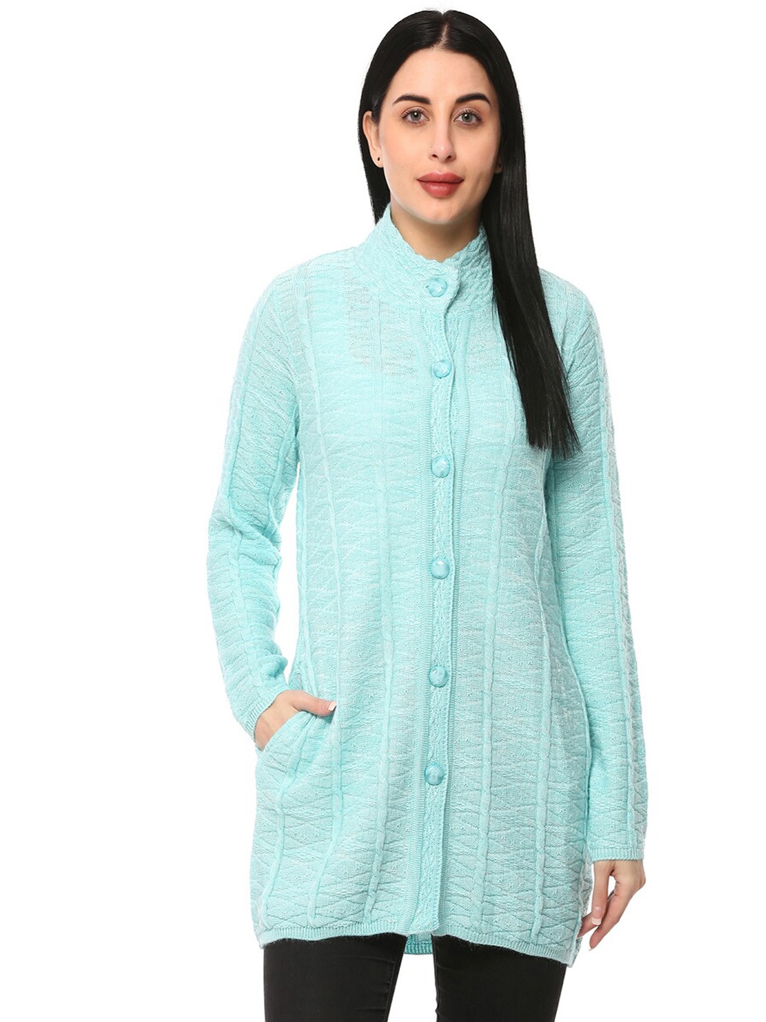 

GLAMAZE Women Blue Acrylic Longline Cardigan
