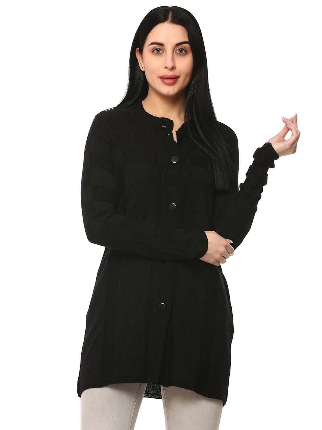 

GLAMAZE Women Black Acrylic Longline Cardigan