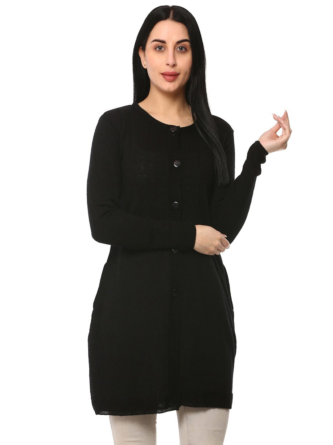 

GLAMAZE Women Black Acrylic Longline Cardigan