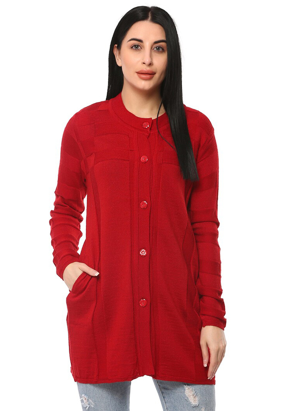 

GLAMAZE Women Red Cable Knit Longline Acrylic Cardigan