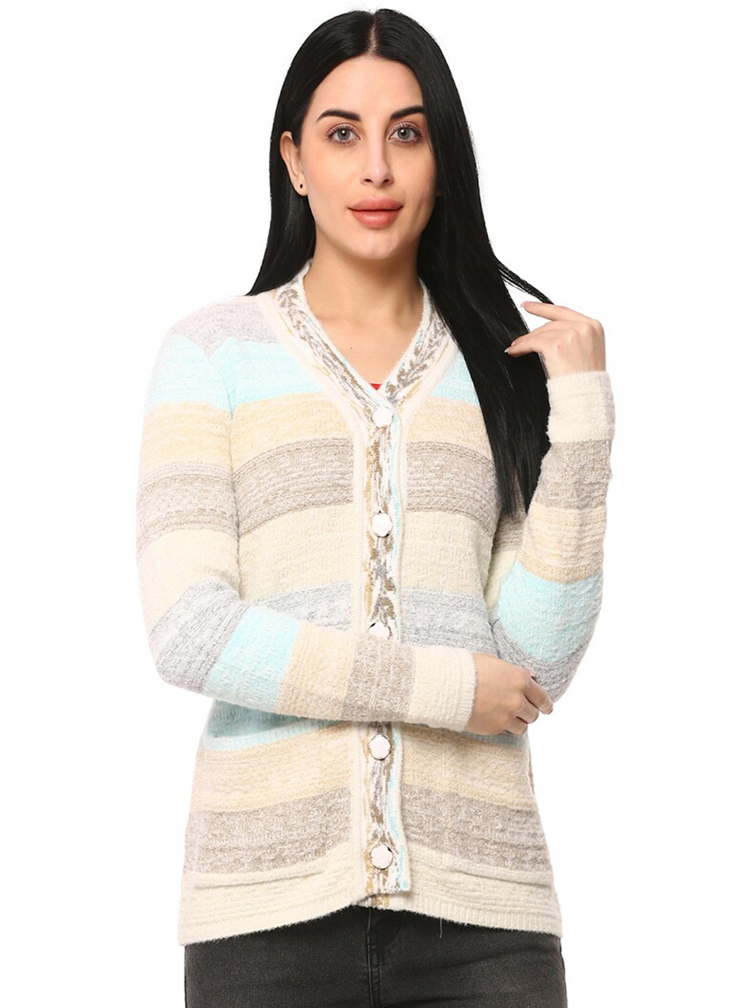 

GLAMAZE Women Cream-Coloured & Blue Striped Acrylic Cardigan