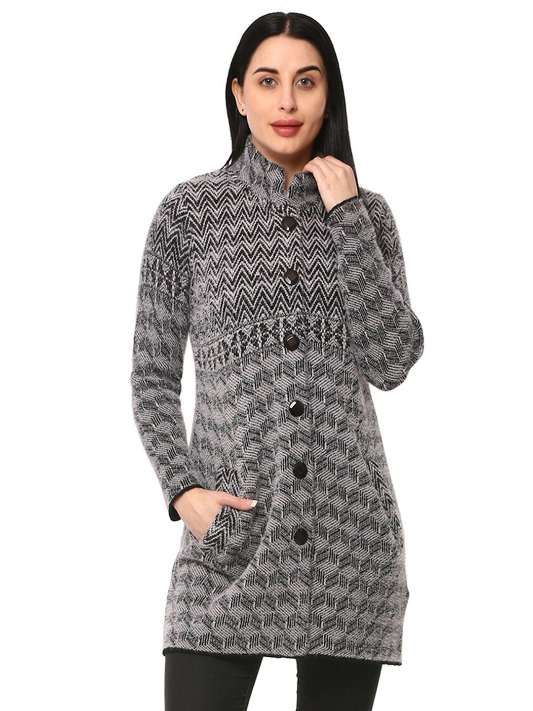 

GLAMAZE Women Grey & Off White Longline Cardigan
