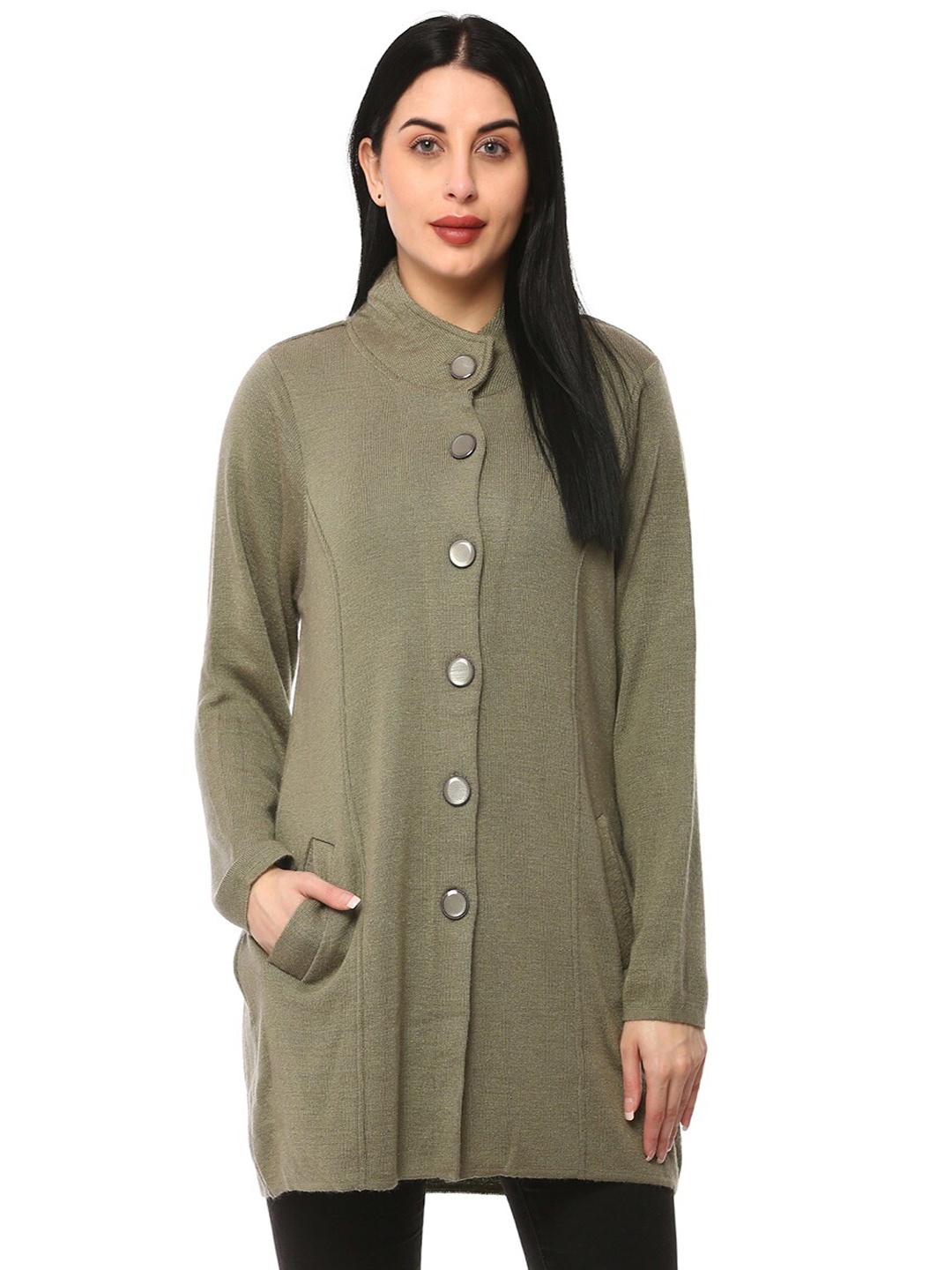 

GLAMAZE Women Olive Green Longline Acrylic Cardigan