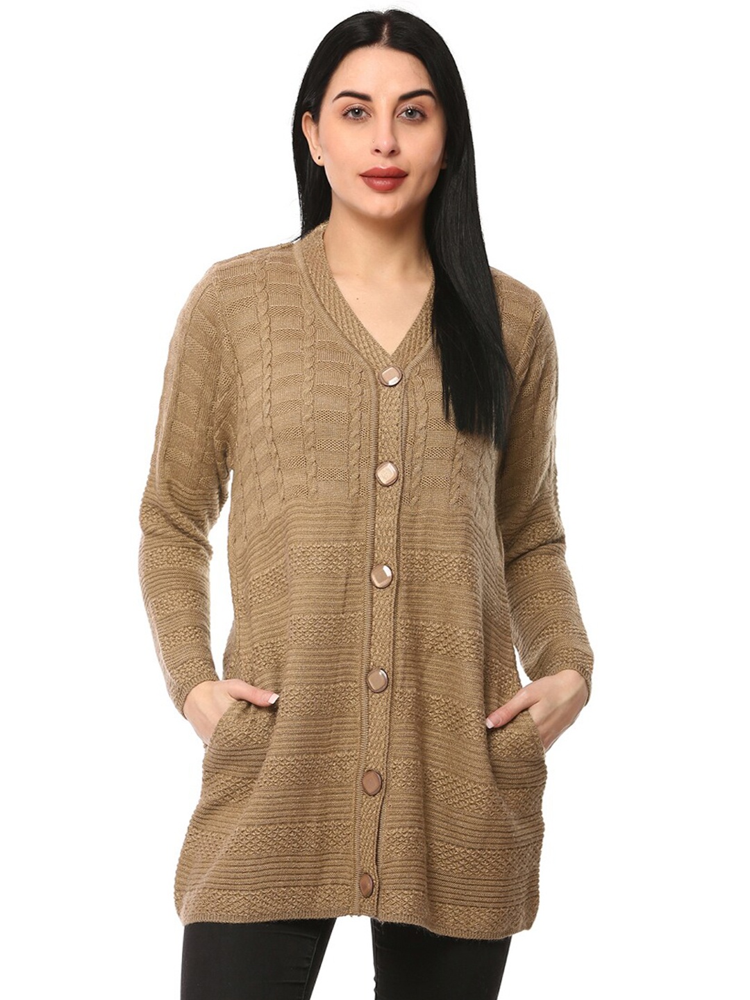 

GLAMAZE Women Brown Cable Knit Longline Acrylic Cardigan