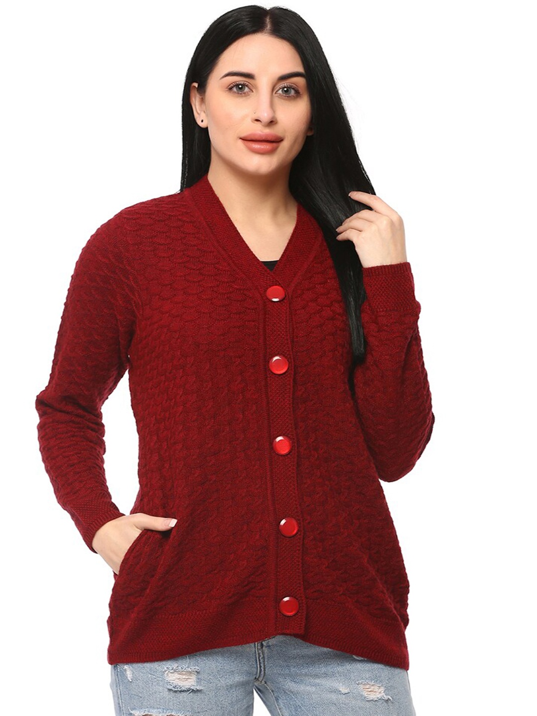 

GLAMAZE Women Maroon Cable Knit Acrylic Cardigan