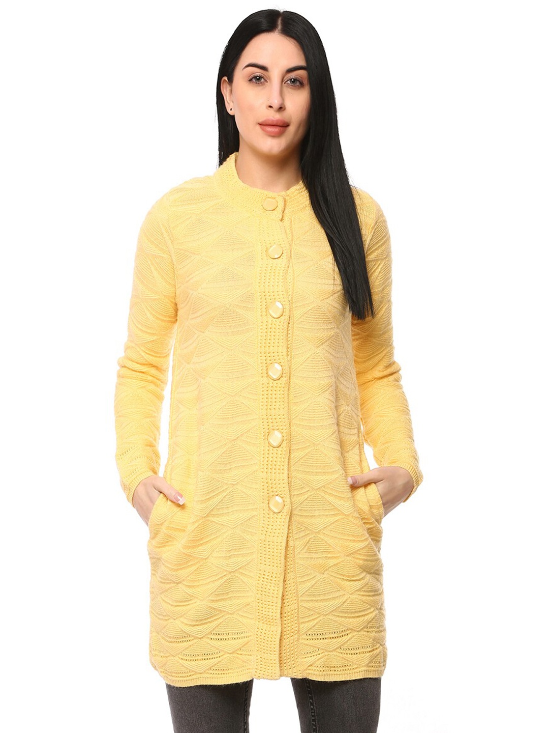 

GLAMAZE Women Yellow Longline Acrylic Cardigan