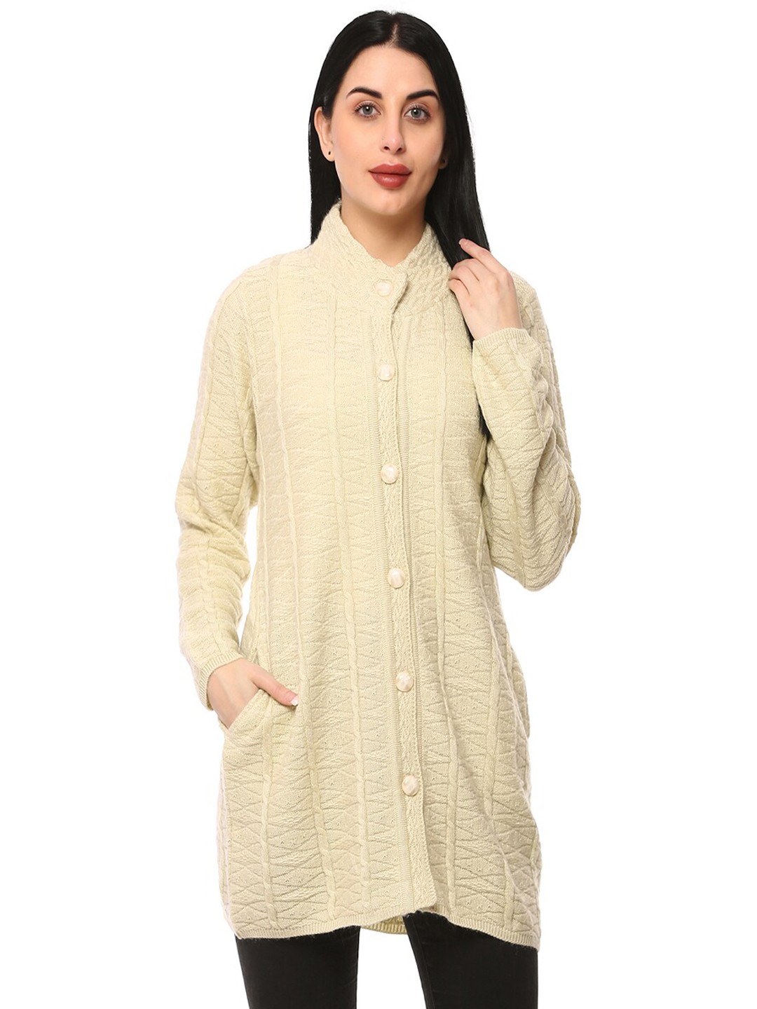 

GLAMAZE Women Beige Cable Knit Longline Acrylic Cardigan
