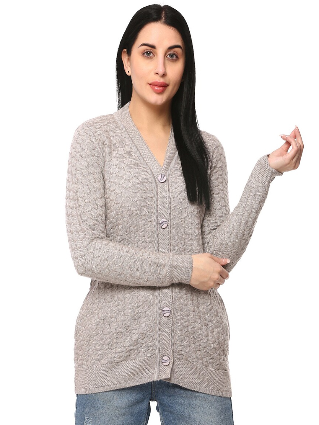 

GLAMAZE Women Grey Cable Knit Acrylic Cardigan