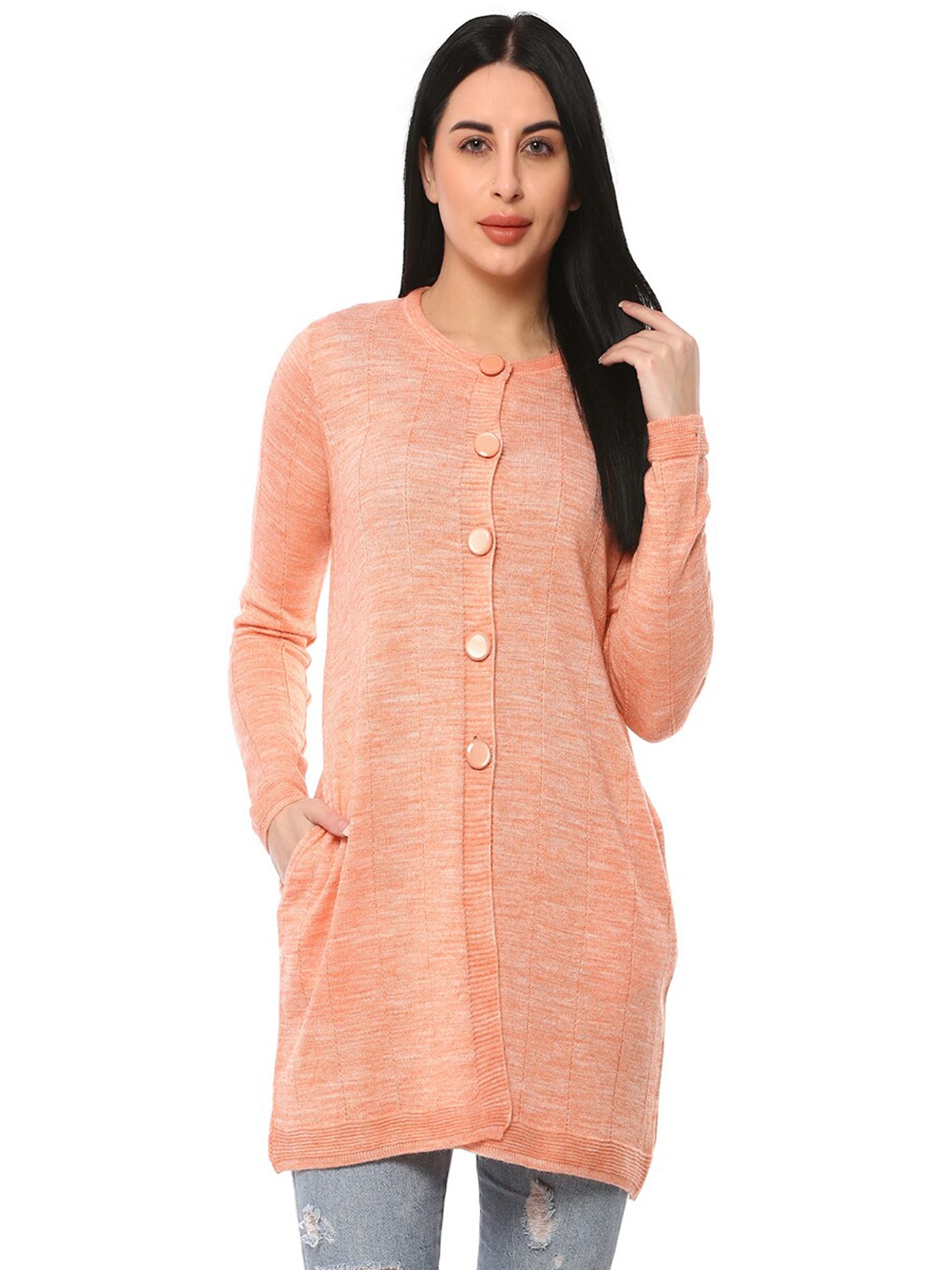 

GLAMAZE Women Orange Longline Acrylic Cardigan