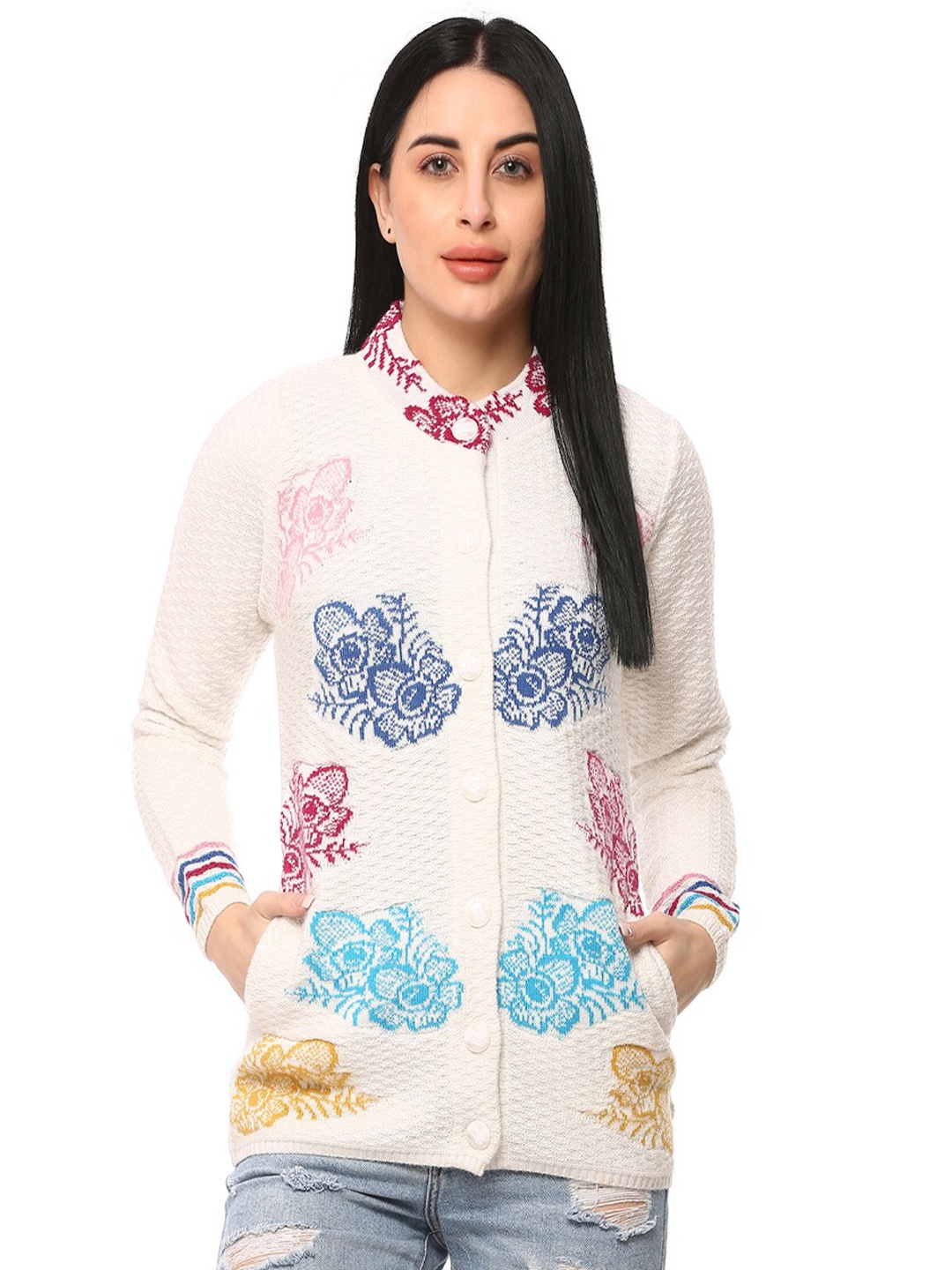 

GLAMAZE Women White & Blue Floral Acrylic Cardigan