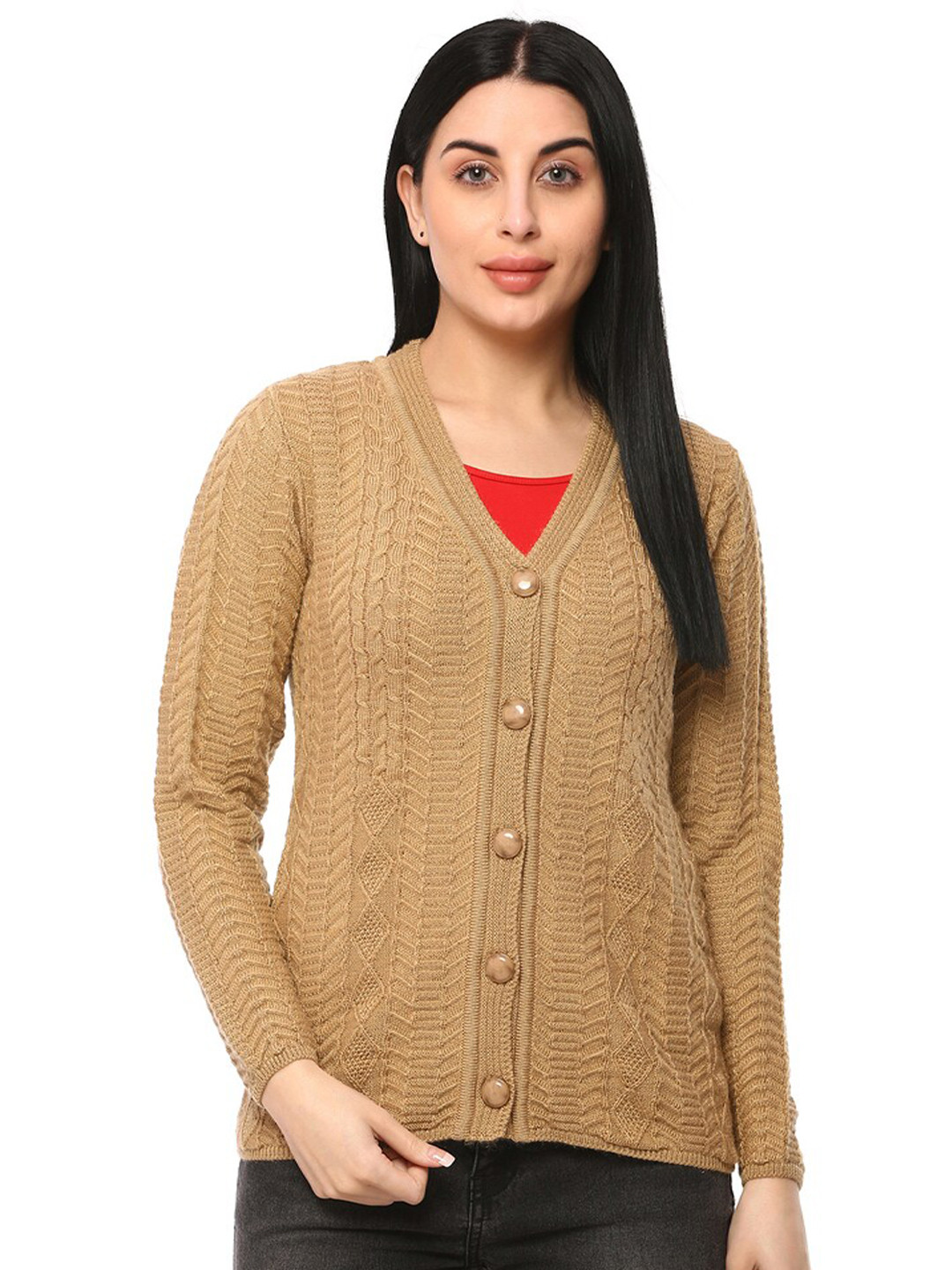 

GLAMAZE Women Brown Cable Knit Acrylic Cardigan