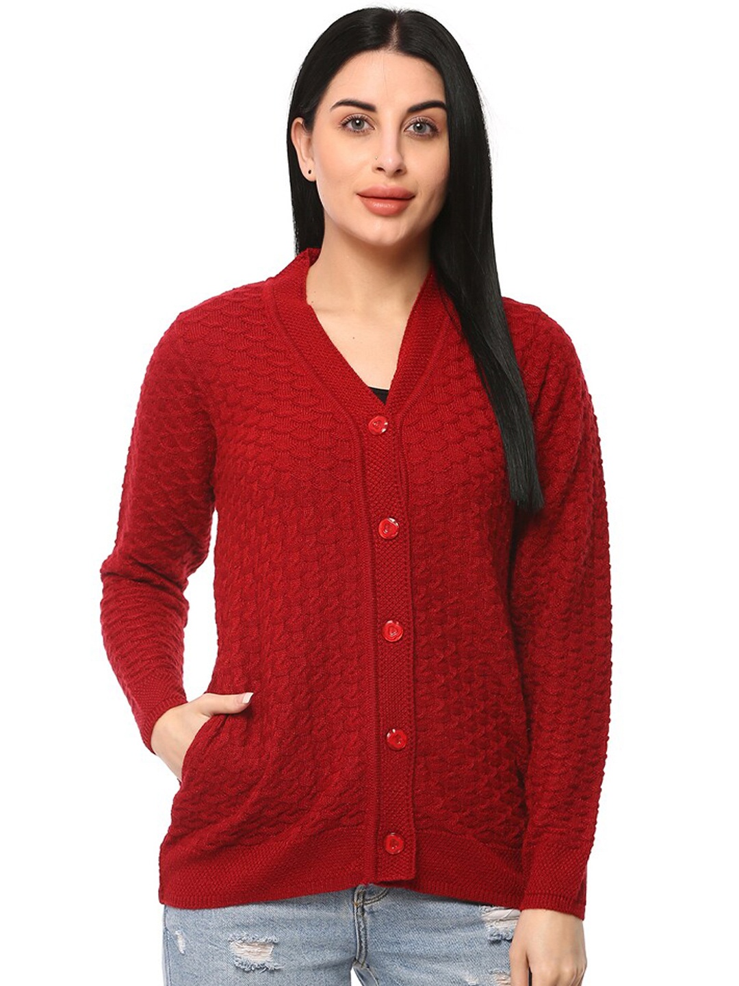 

GLAMAZE Women Red Cable Knit Acrylic Cardigan