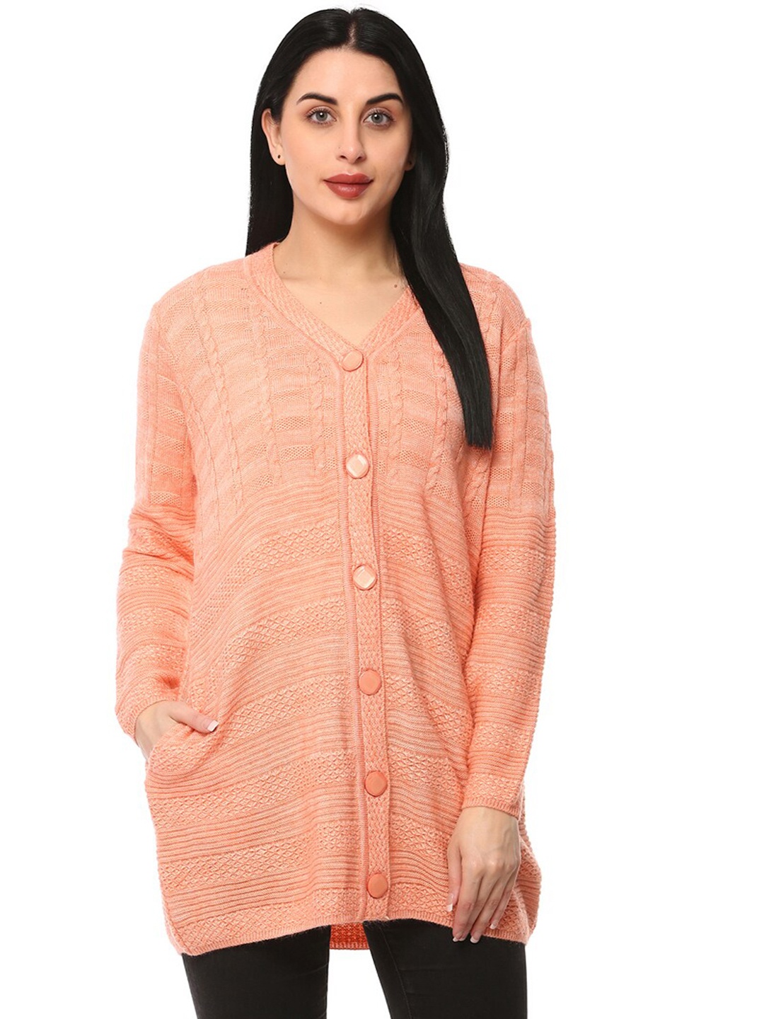 

GLAMAZE Women Orange Cable Knit Longline Acrylic Cardigan