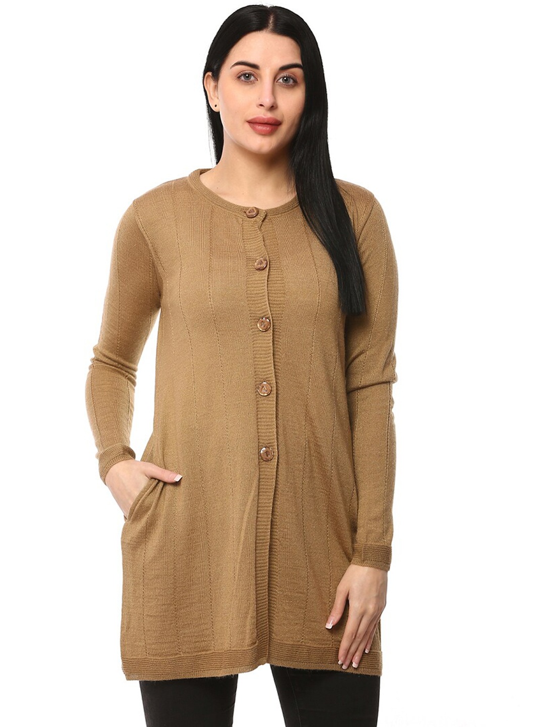 

GLAMAZE Women Brown Striped Acrylic Cardigan