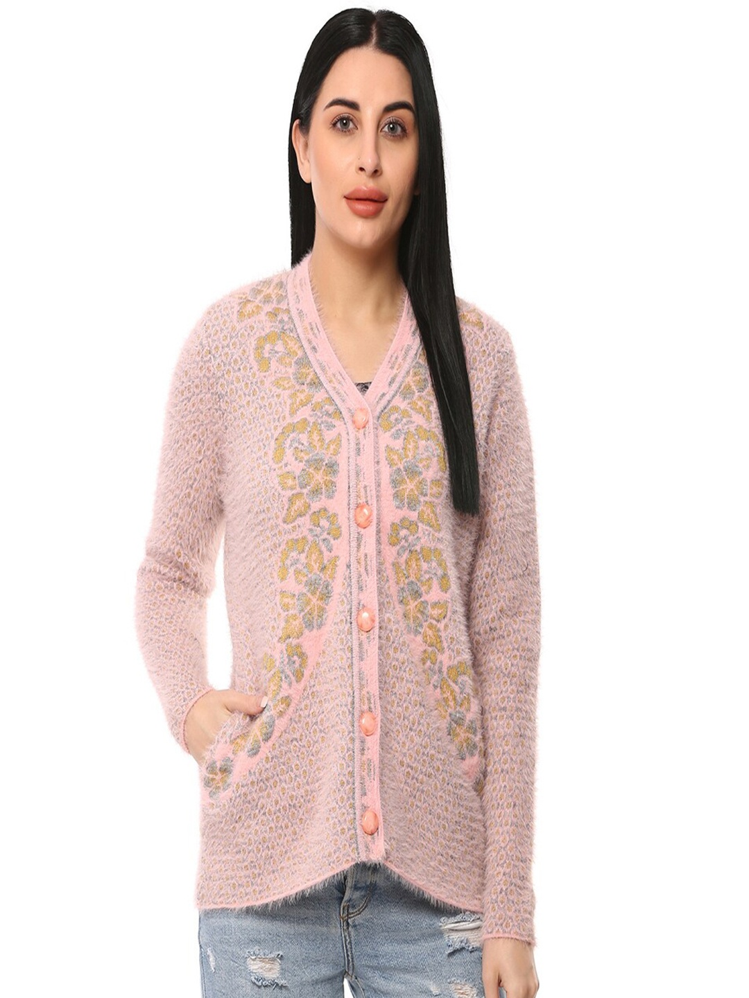 

GLAMAZE Women Pink & Mustard Floral Acrylic Cardigan