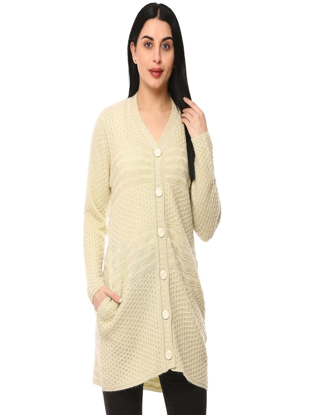 

GLAMAZE Women Beige Cable Knit Acrylic Cardigan