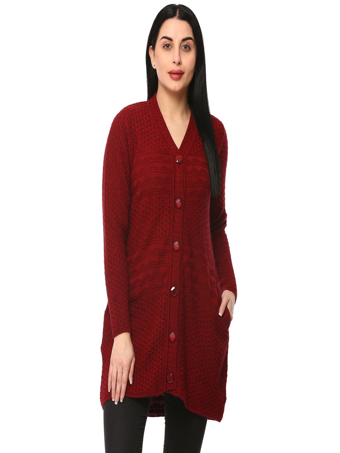 

GLAMAZE Women Maroon Cable Knit Longline Acrylic Cardigan