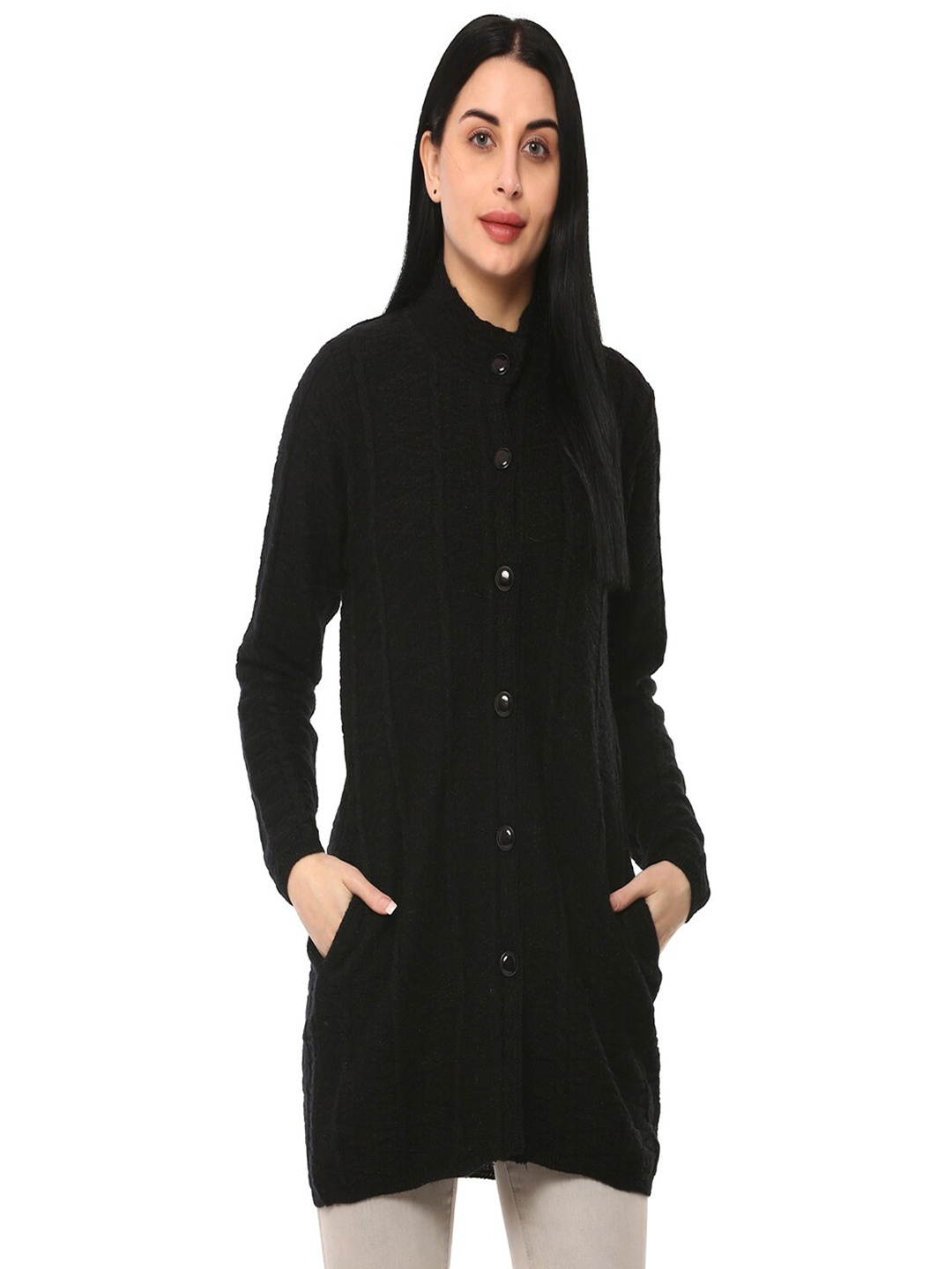 

GLAMAZE Women Black Cable Knit Longline Acrylic Cardigan