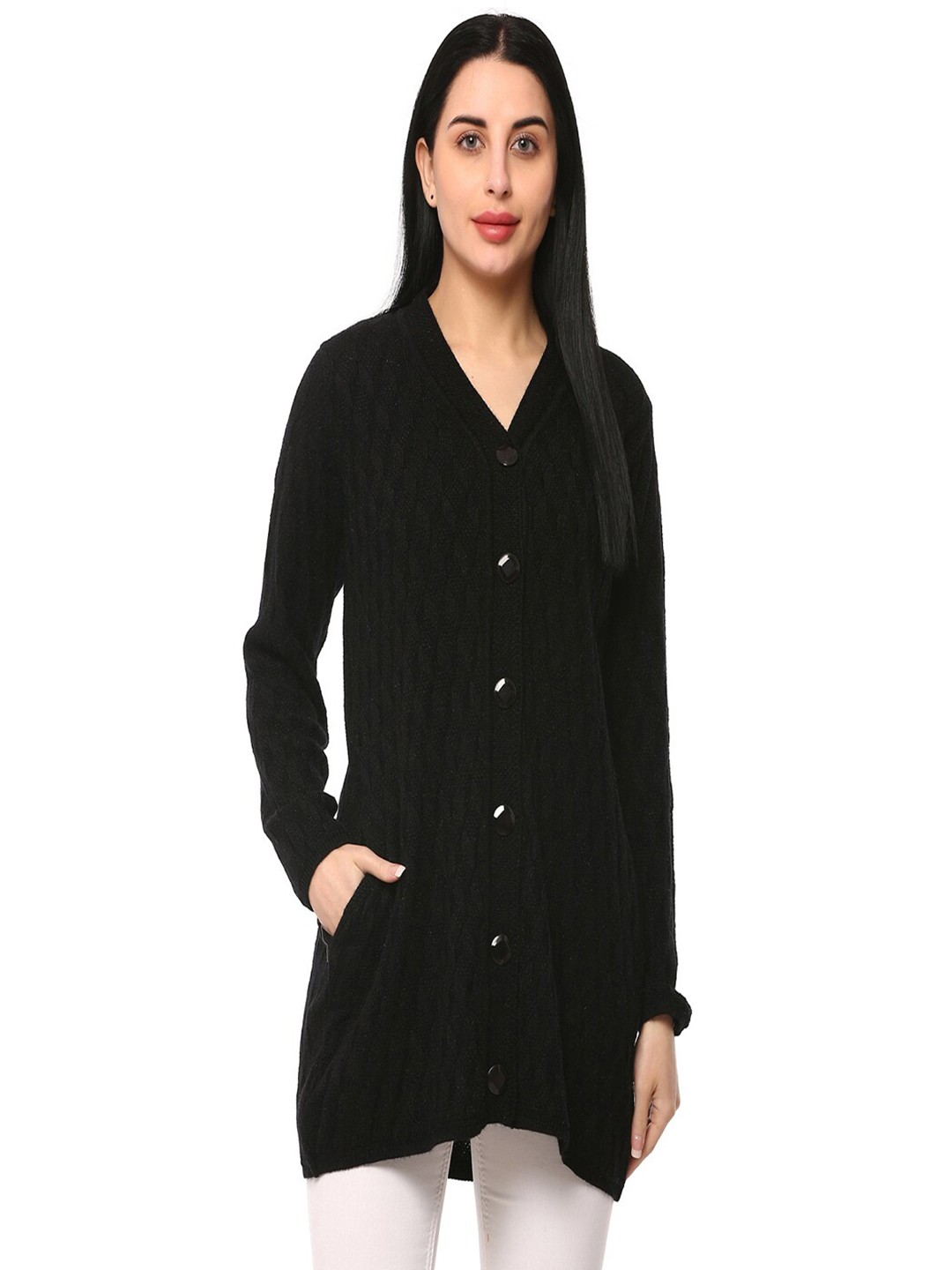 

GLAMAZE Women Black Longline Acrylic Cardigan