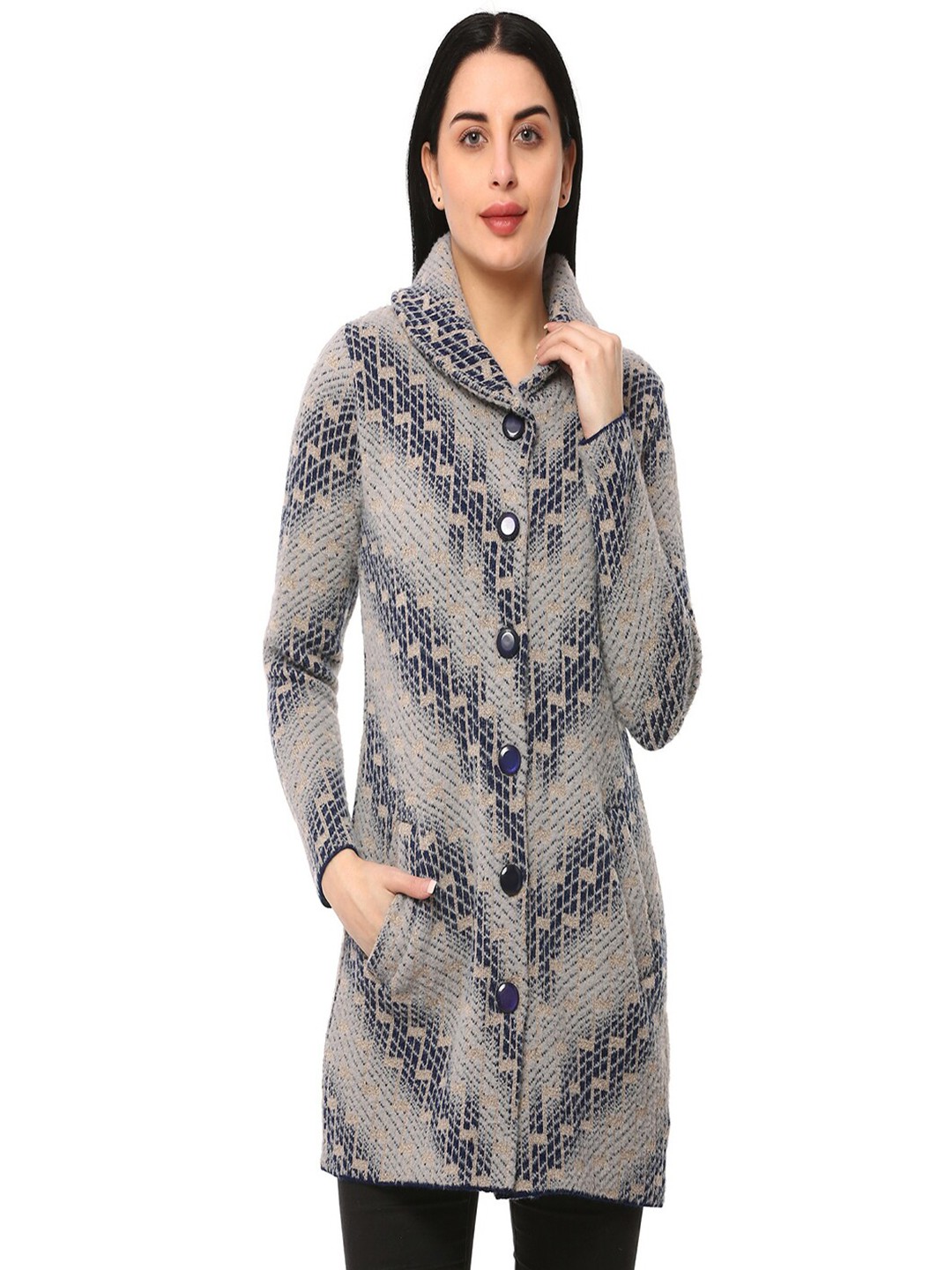 

GLAMAZE Women Grey & Navy Blue Printed Longline Acrylic Cardigan