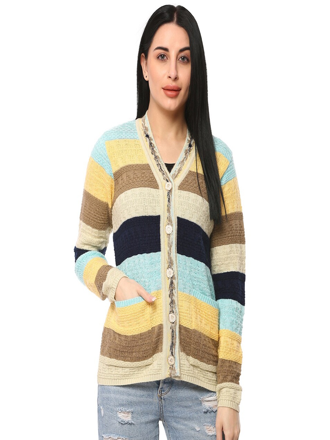 

GLAMAZE Women Beige & Yellow Colourblocked Acrylic Cardigan