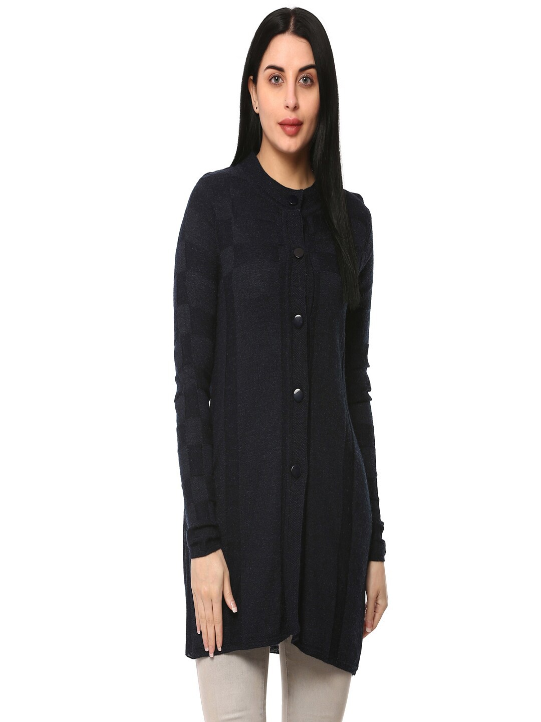 

GLAMAZE Women Navy Blue Longline Acrylic Cardigan