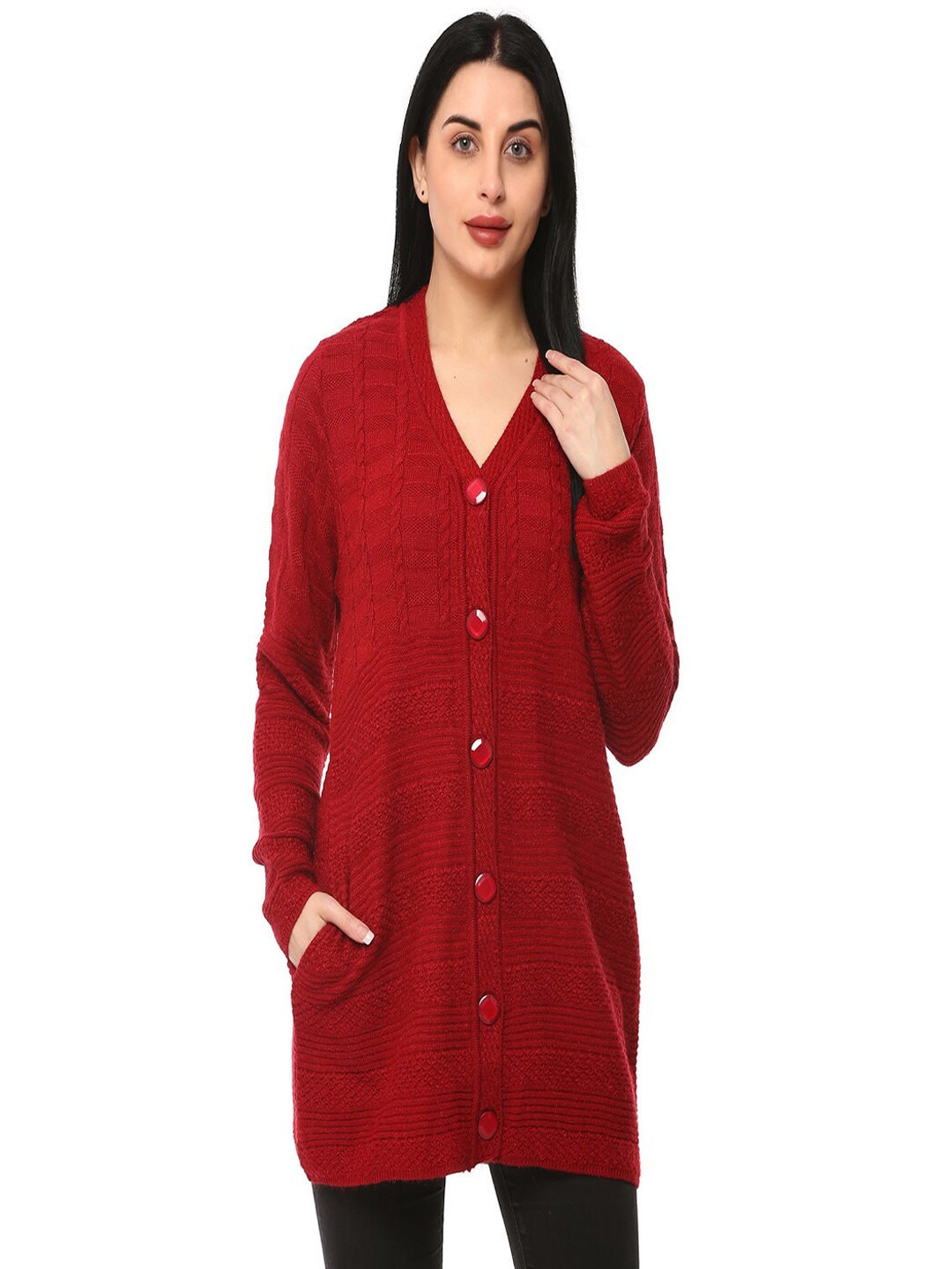 

GLAMAZE Women Red Cable Knit Longline Acrylic Cardigan