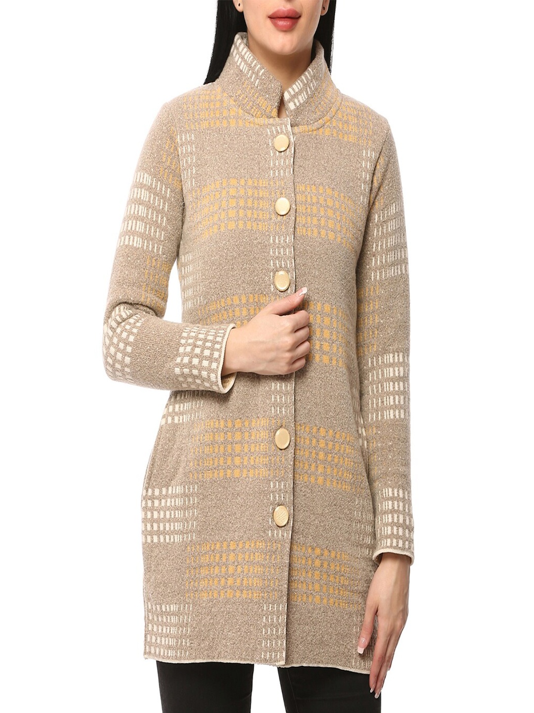 

GLAMAZE Women Beige Longline Acrylic Cardigan