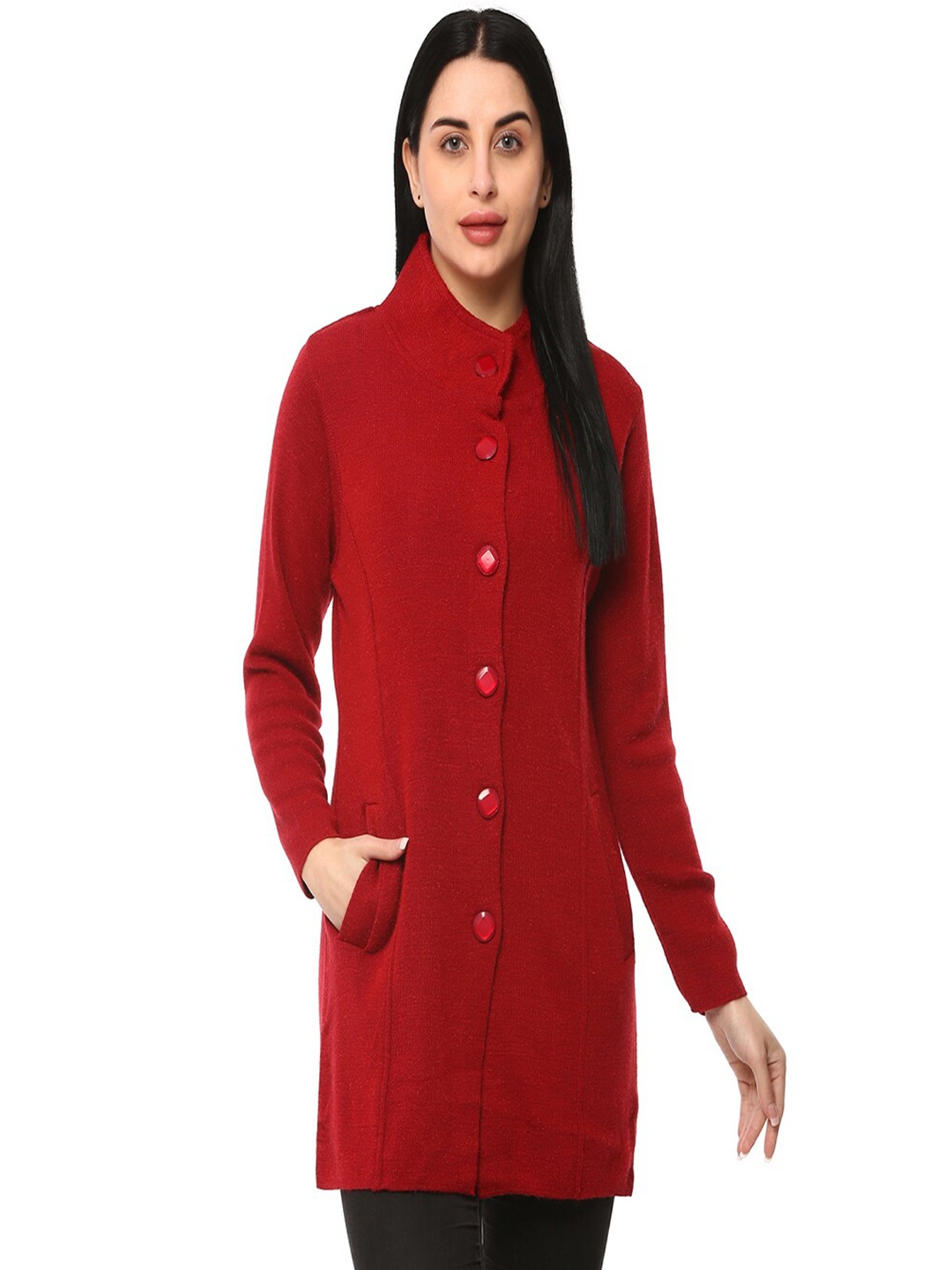 

GLAMAZE Women Red Longline Acrylic Cardigan