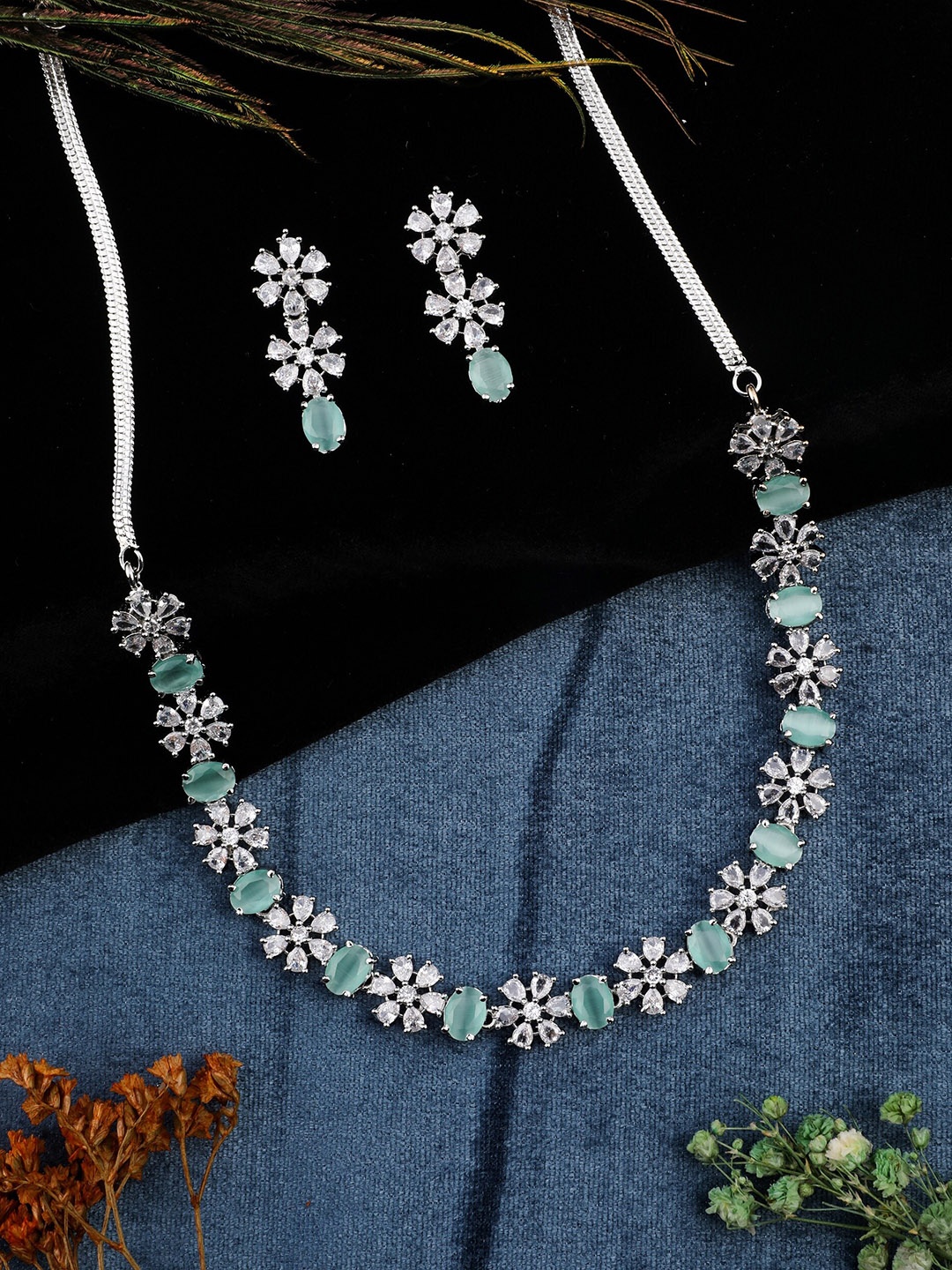 

Vita Bella Women Silver-Plated White & Sea Green AD-Studded Jewellery Set