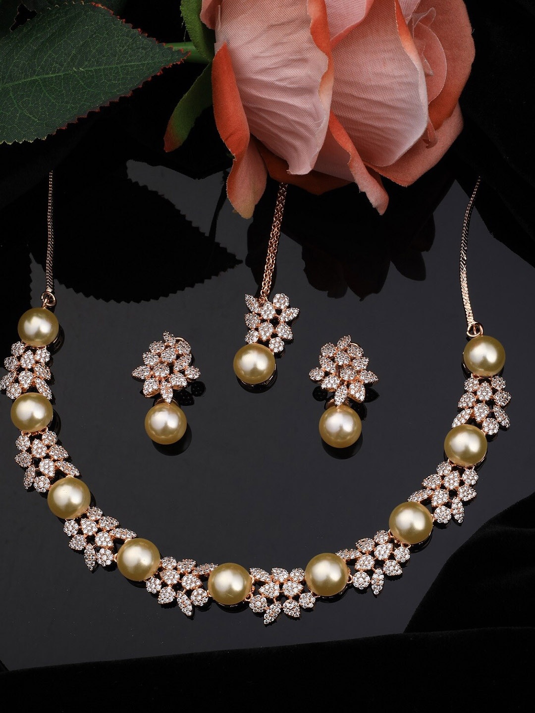 

Vita Bella Women Rose Gold-Plated White AD-Studded Jewellery Set