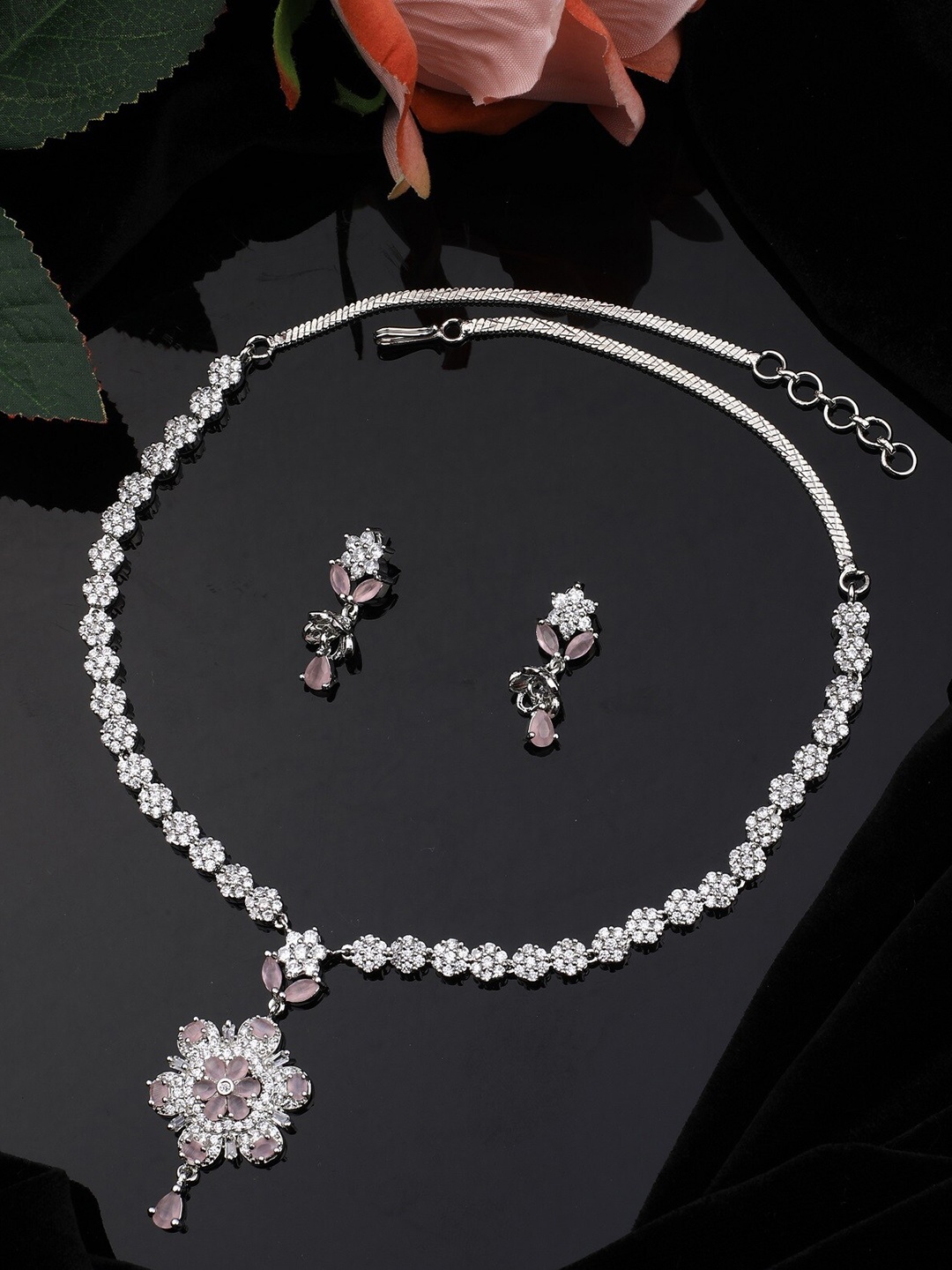 

Vita Bella Women Silver-Plated White & Pink CZ Studded & Beaded Jewellery Set