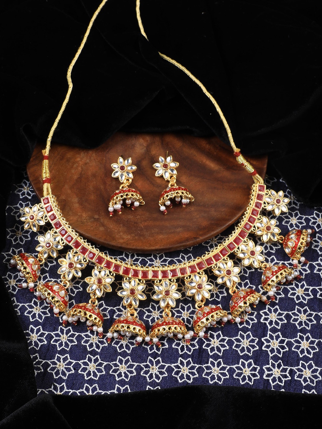 

Vita Bella Women Gold-Plated White & Red CZ Studded & Beaded Jewellery Set