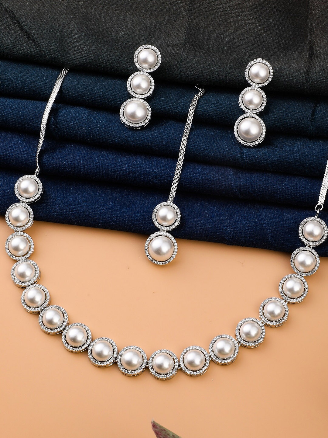

Vita Bella Women Silver-Plated White CZ Stones & Pearls Studded Jewellery Set