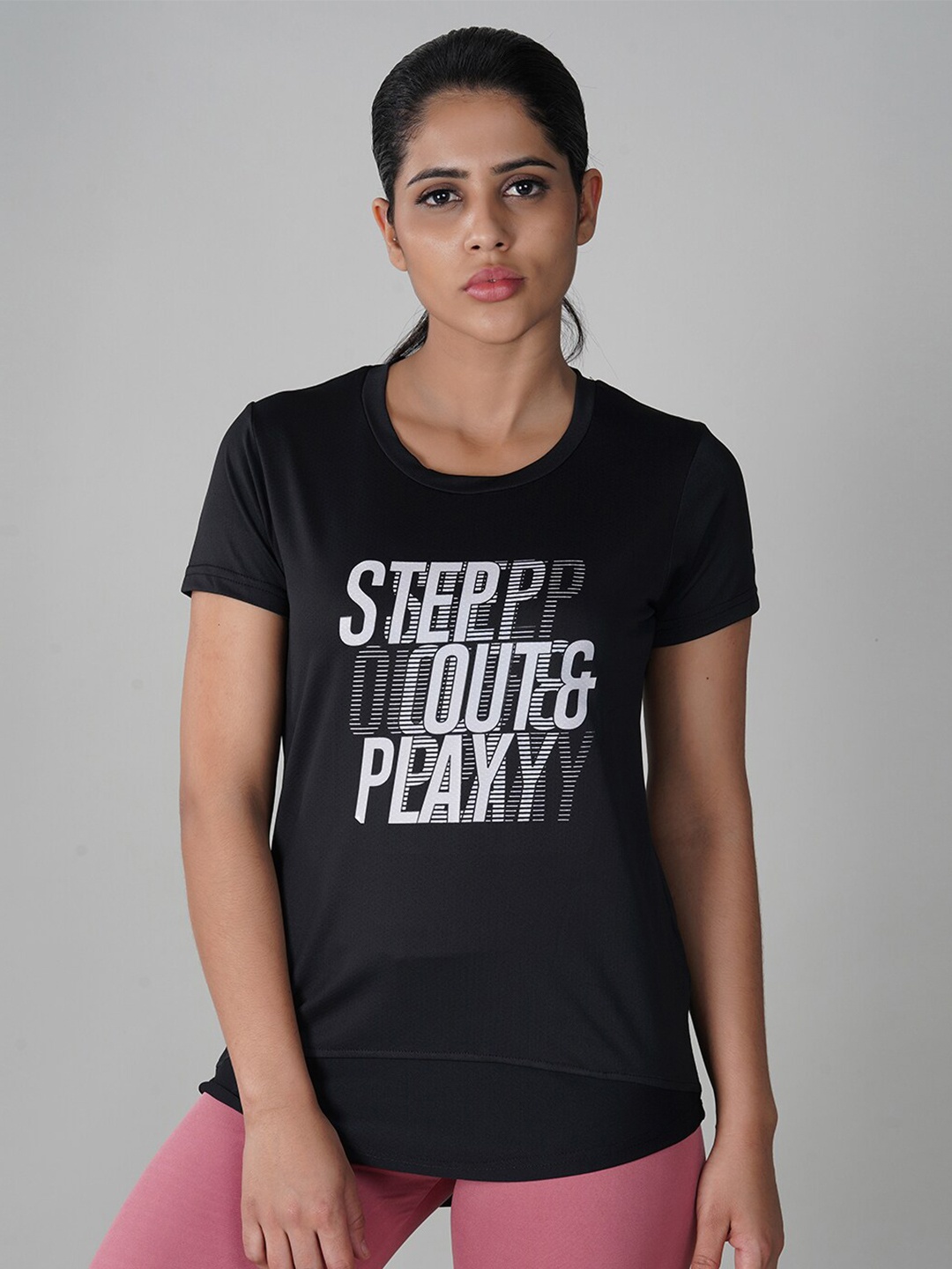 

NIVIA Women Black Typography Printed Dri-FIT T-shirt