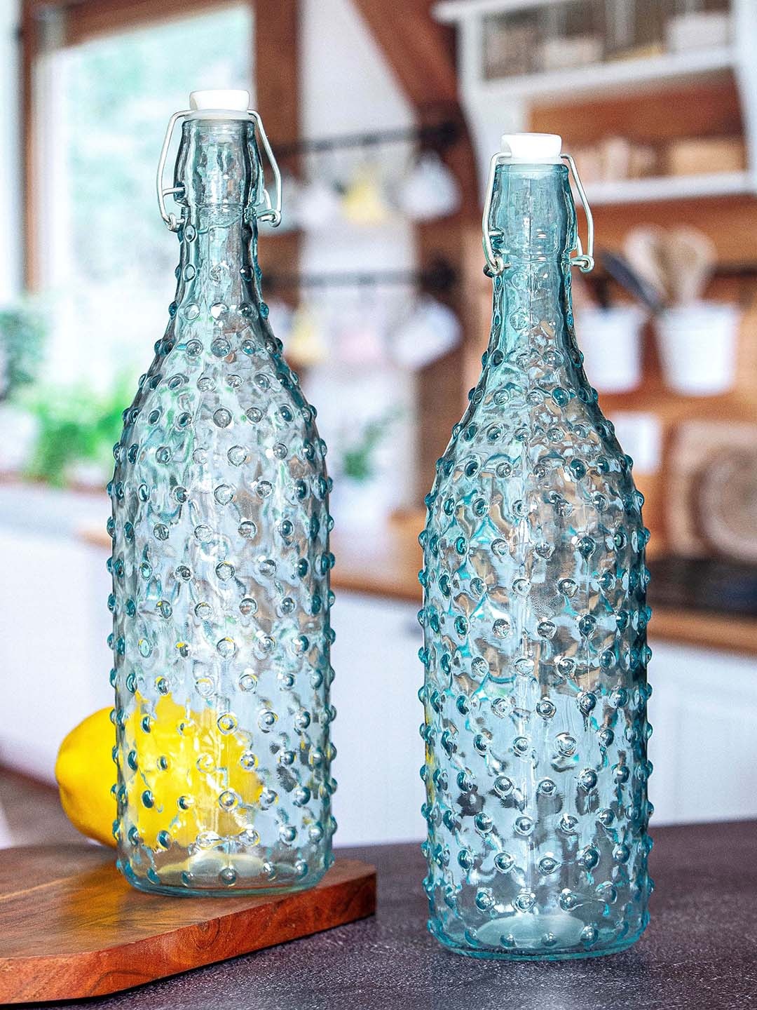 

White Gold Blue Set of 2 Glass Water Bottles 1.0 Ltrs